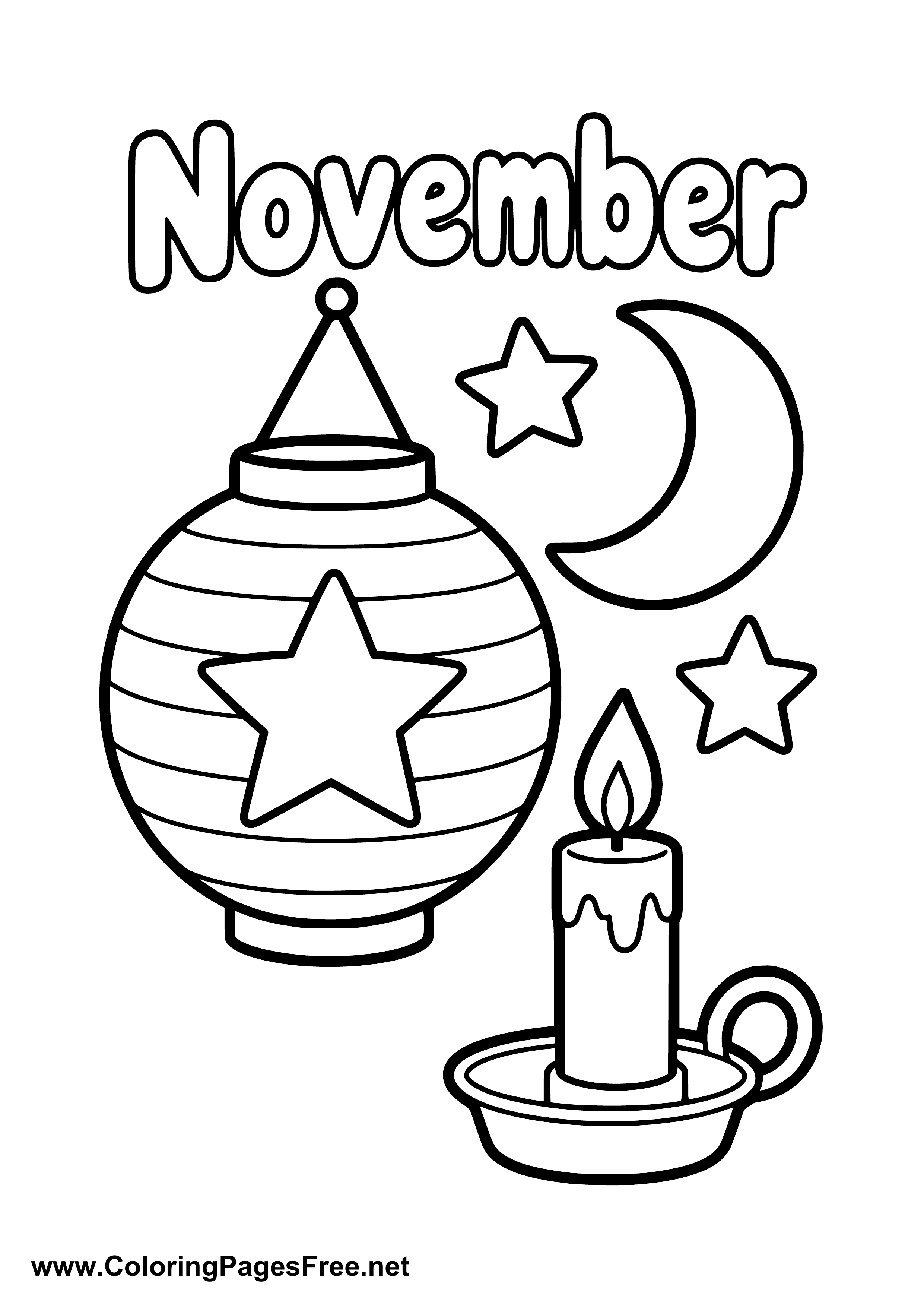 November Coloring Page with Lantern Star Moon and Candle