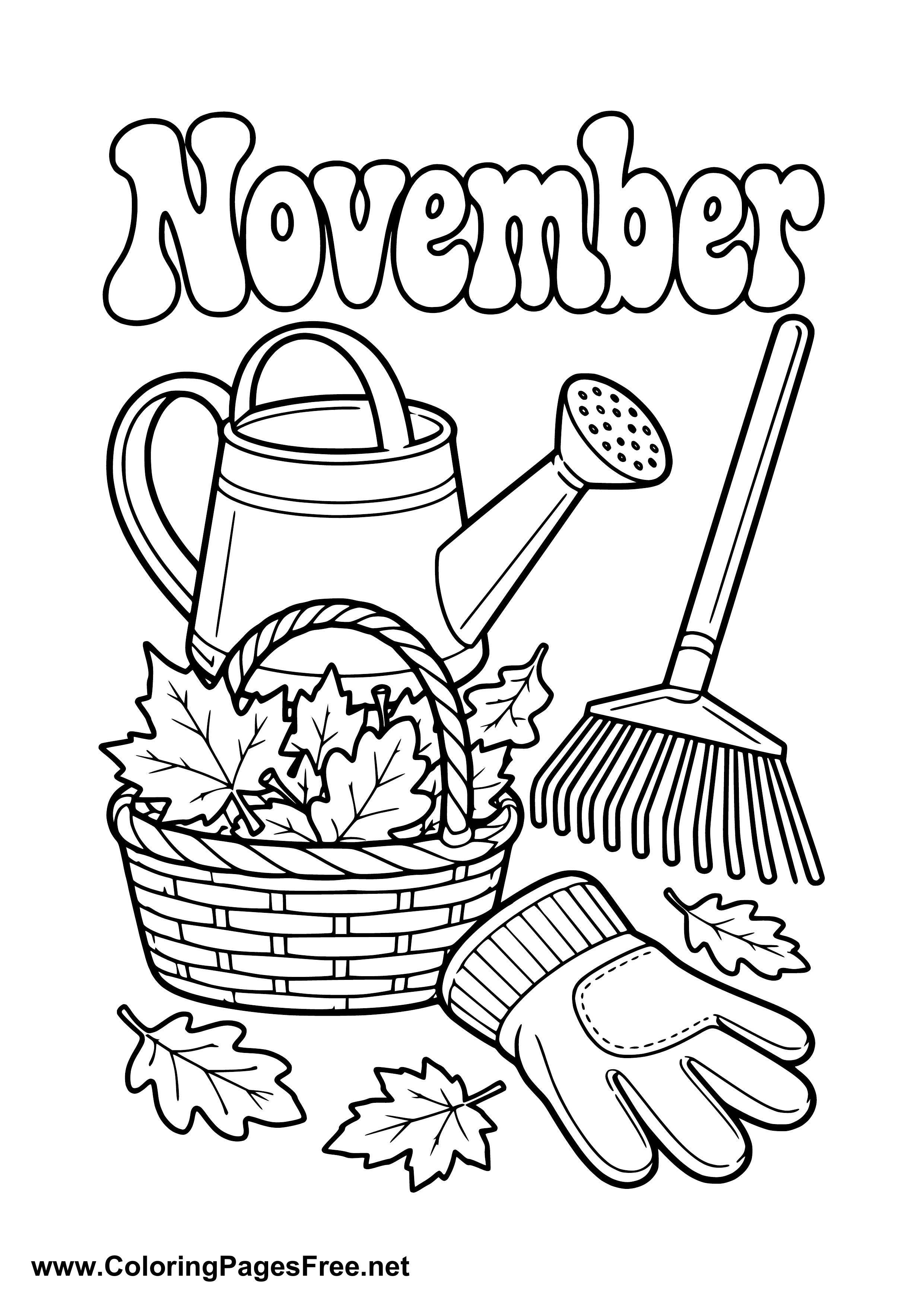 November Coloring Page with Leaf Basket and Garden Rake