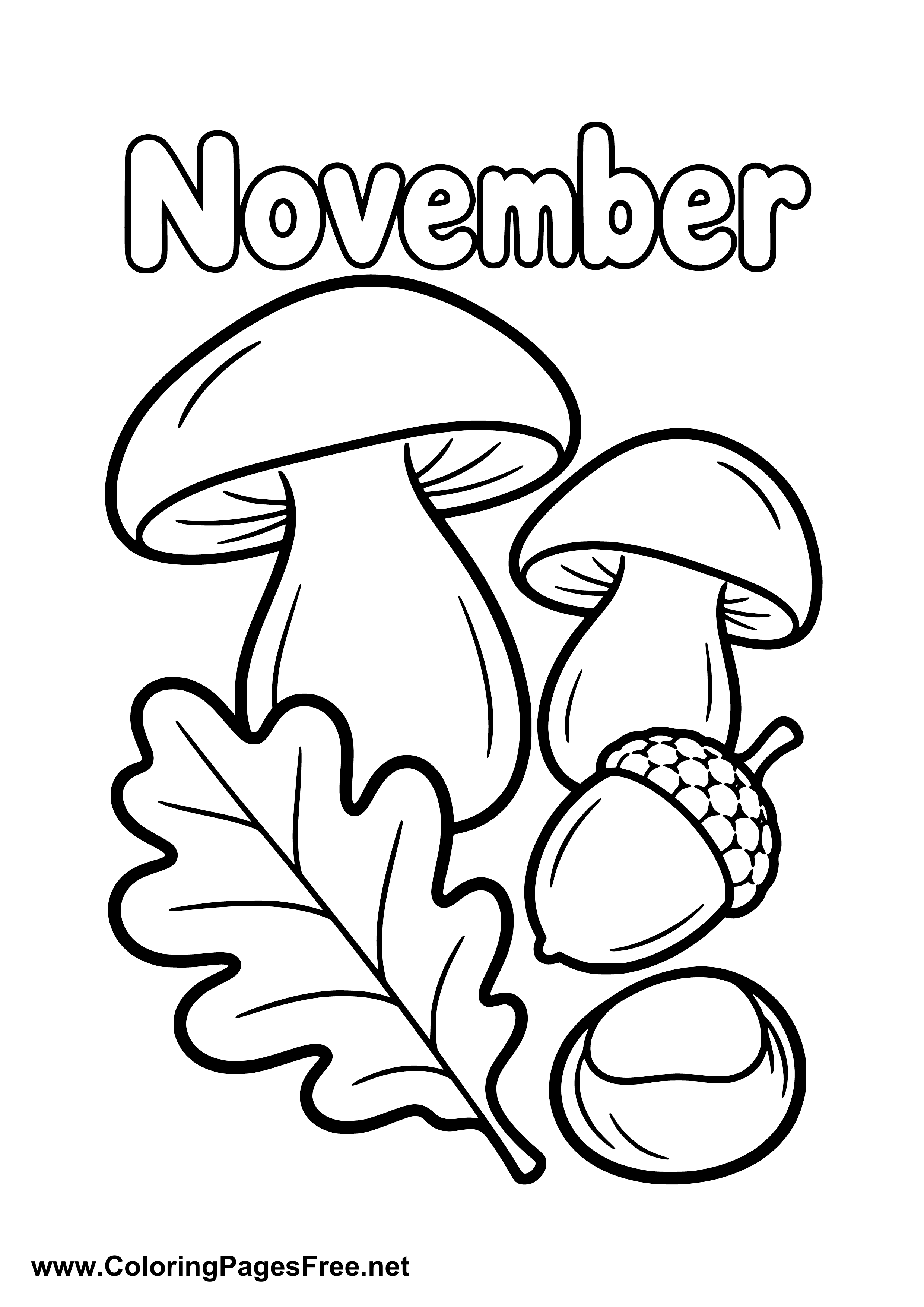 November Coloring Page with Mushrooms and Autumn Fruits