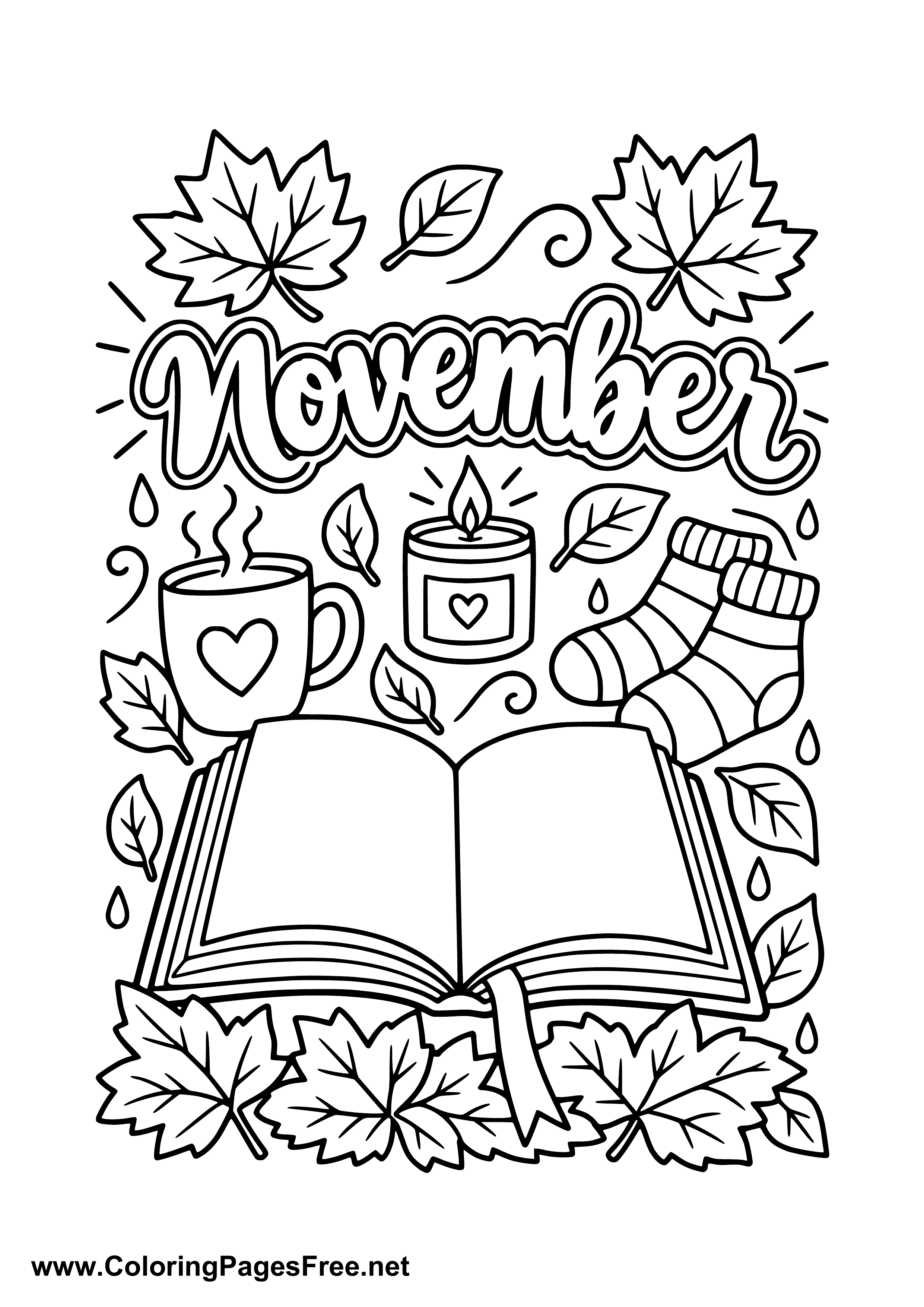 November Coloring Page with Open Book Candles and Fall Leaves