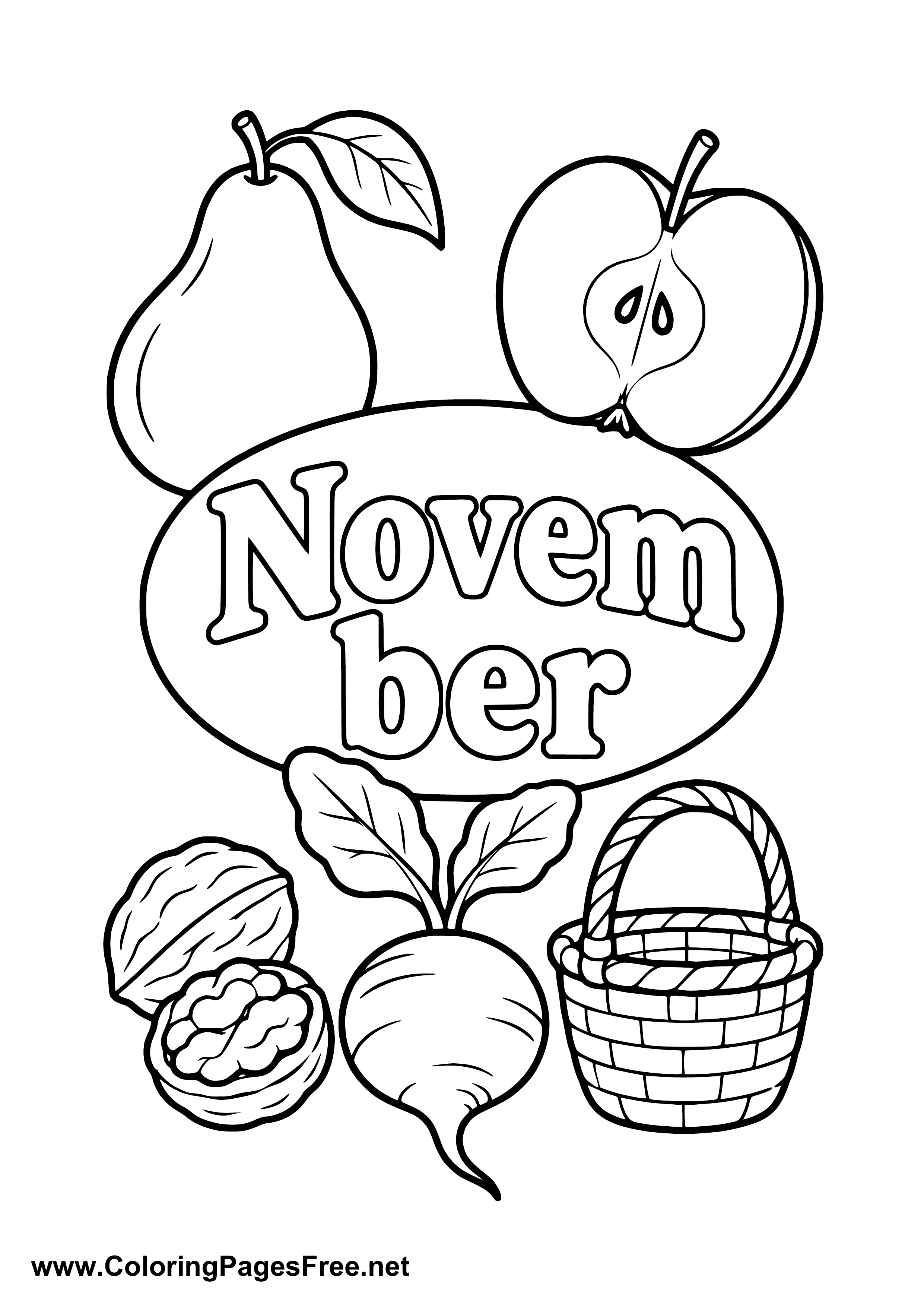 November Coloring Page with Pear Apple and Nut Harvest