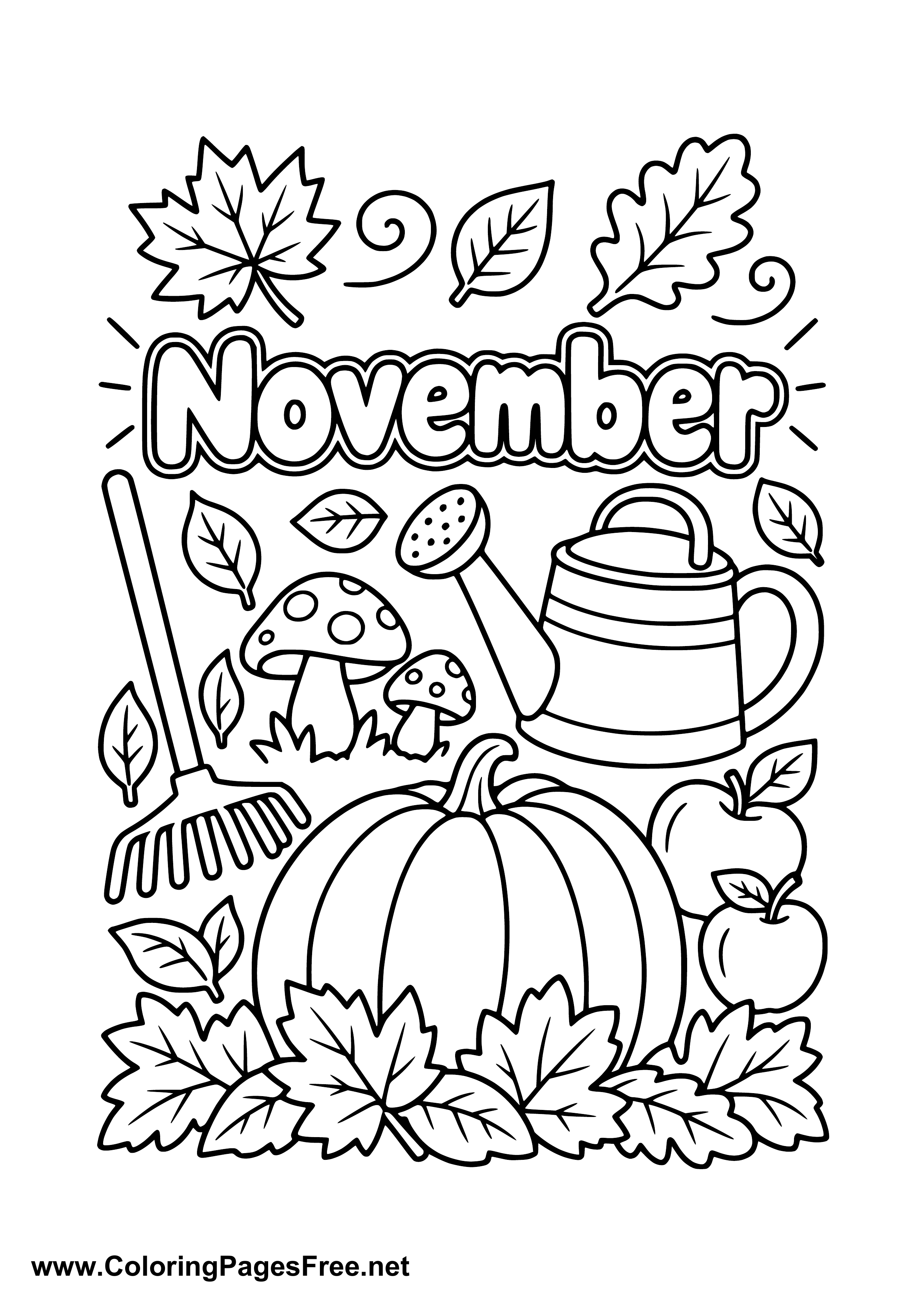 November Coloring Page with Pumpkin and Garden Tools
