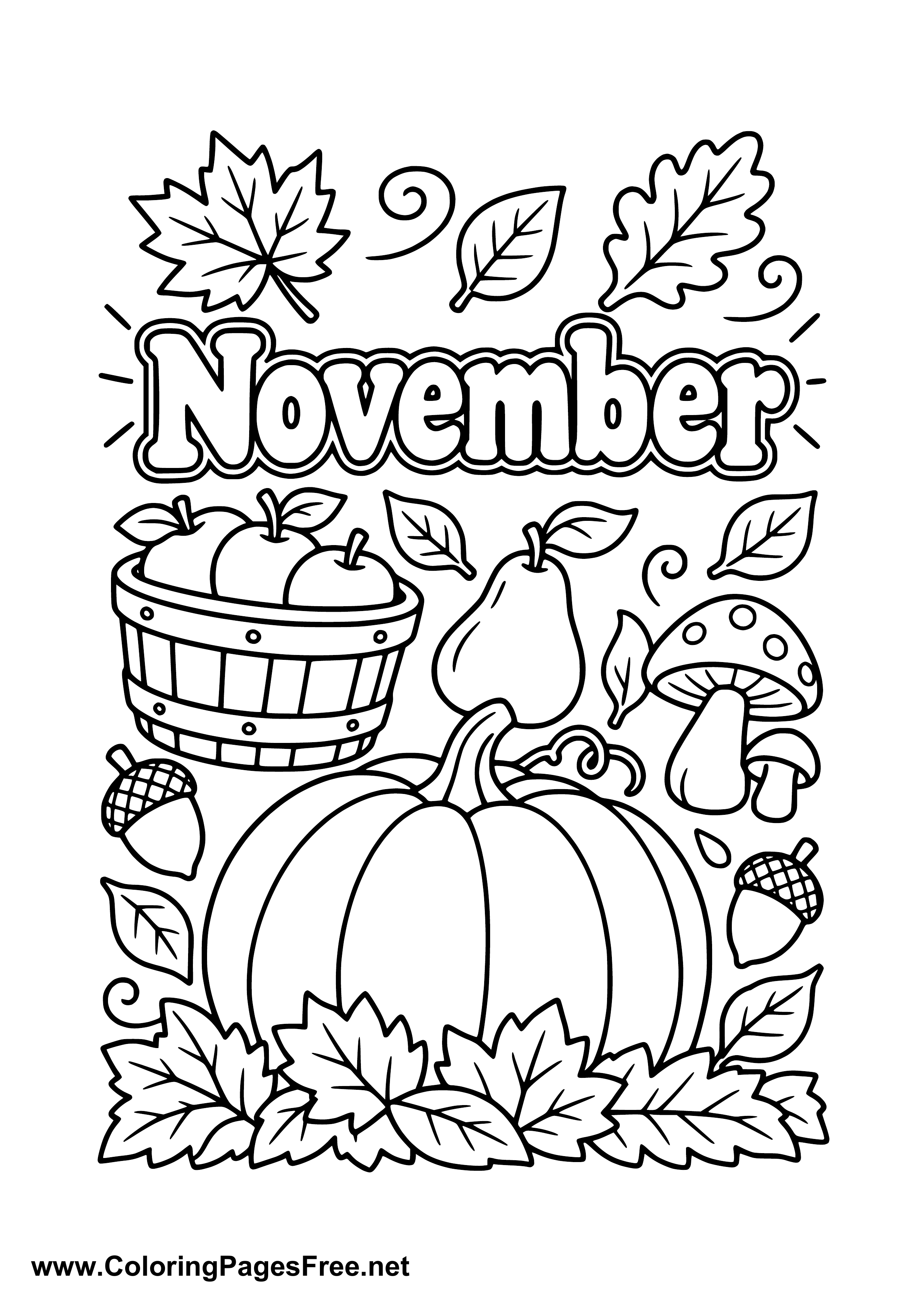 November Coloring Page with Pumpkin Apple and Harvest Basket