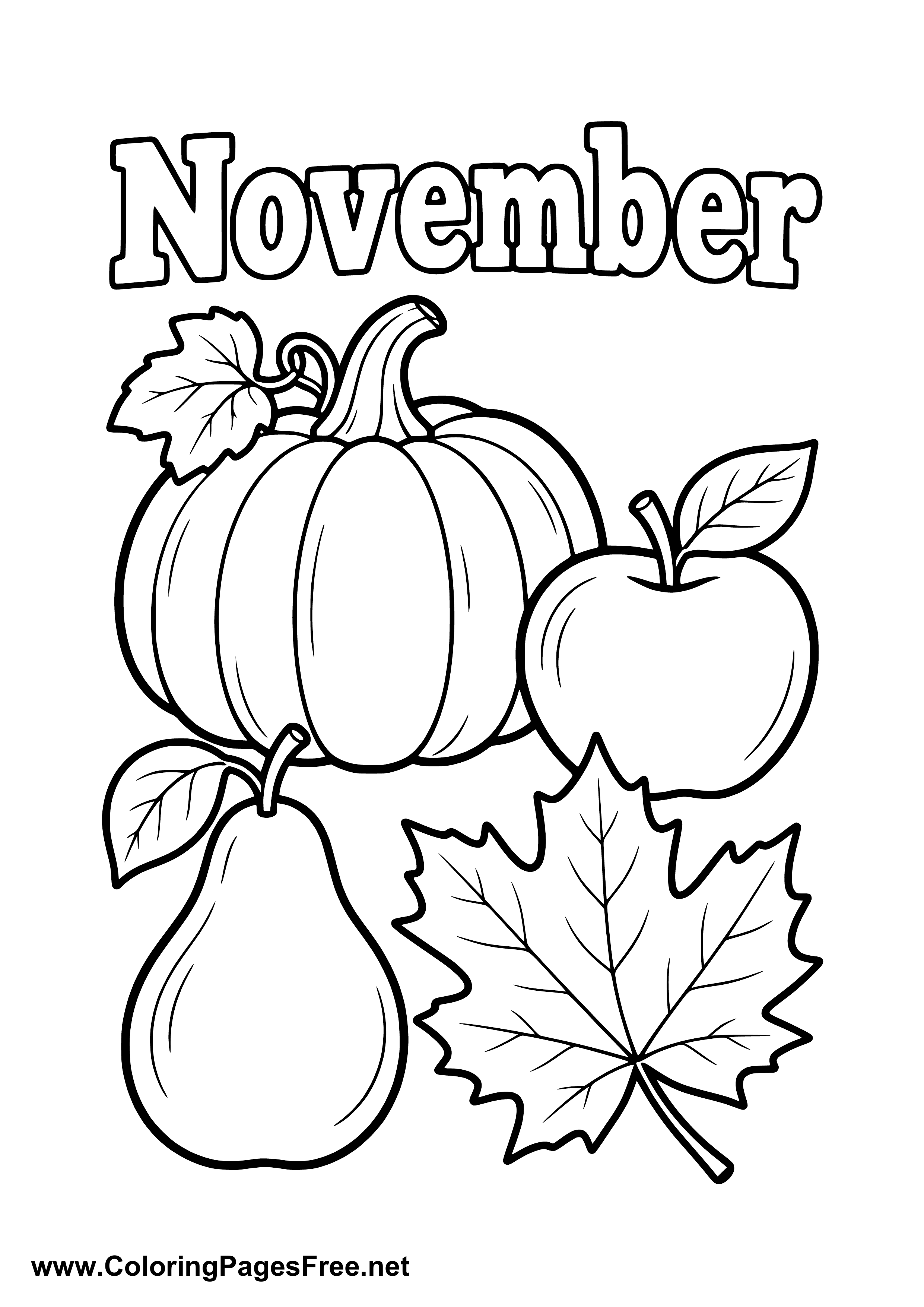November Coloring Page with Pumpkin Apple Pear and Maple Leaf