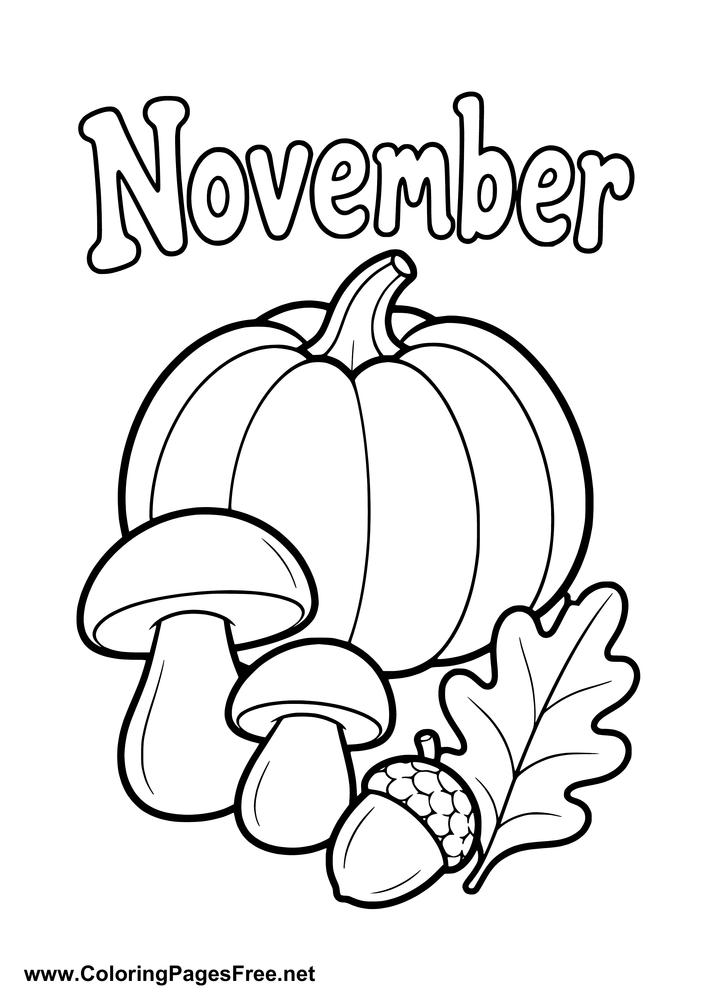 November Coloring Page with Pumpkin Mushrooms and Oak Leaves