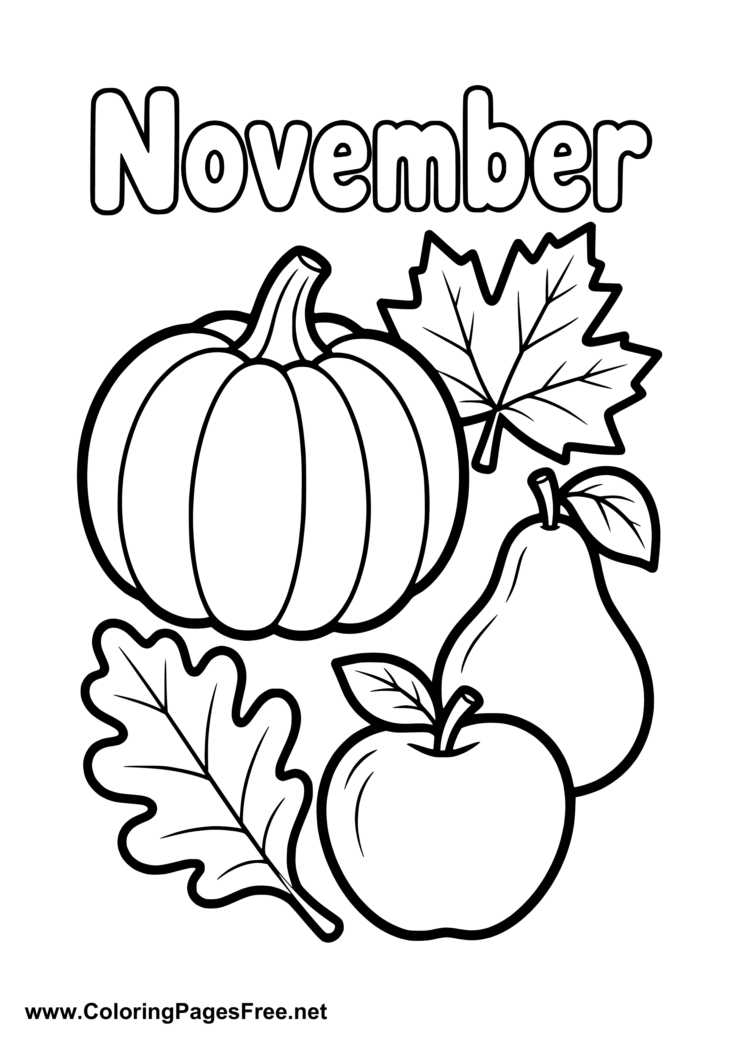 November Coloring Page with Pumpkin Pear Apple and Leaf