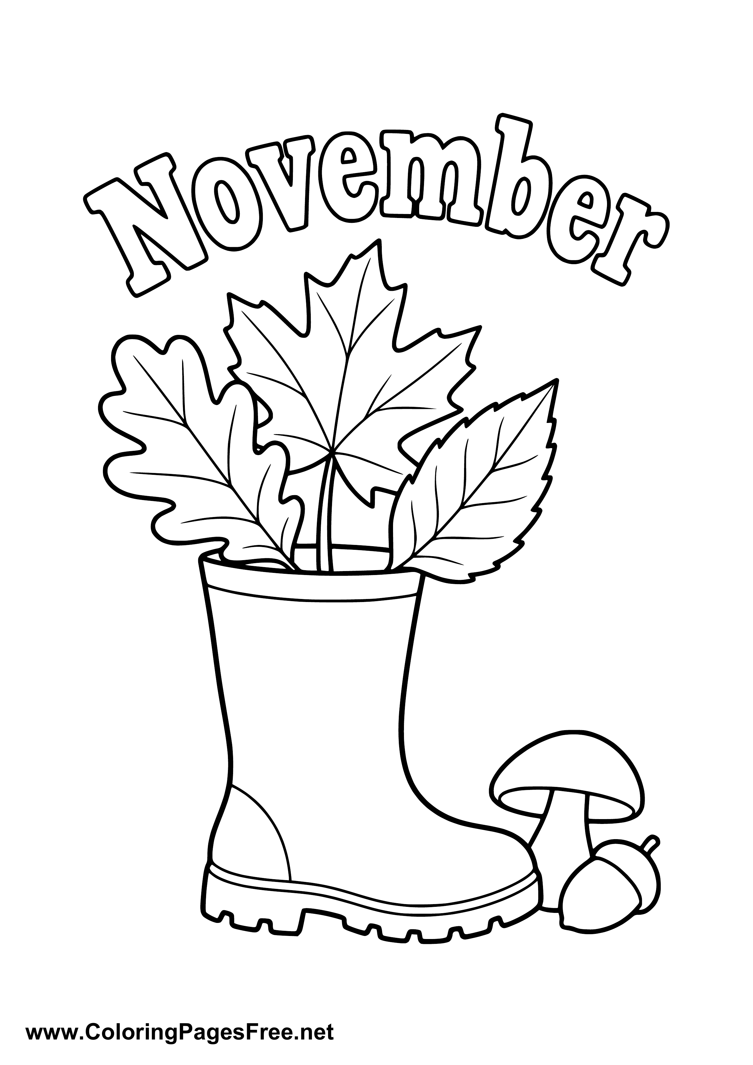 November Coloring Page with Rain Boots Fall Leaves and Mushroom