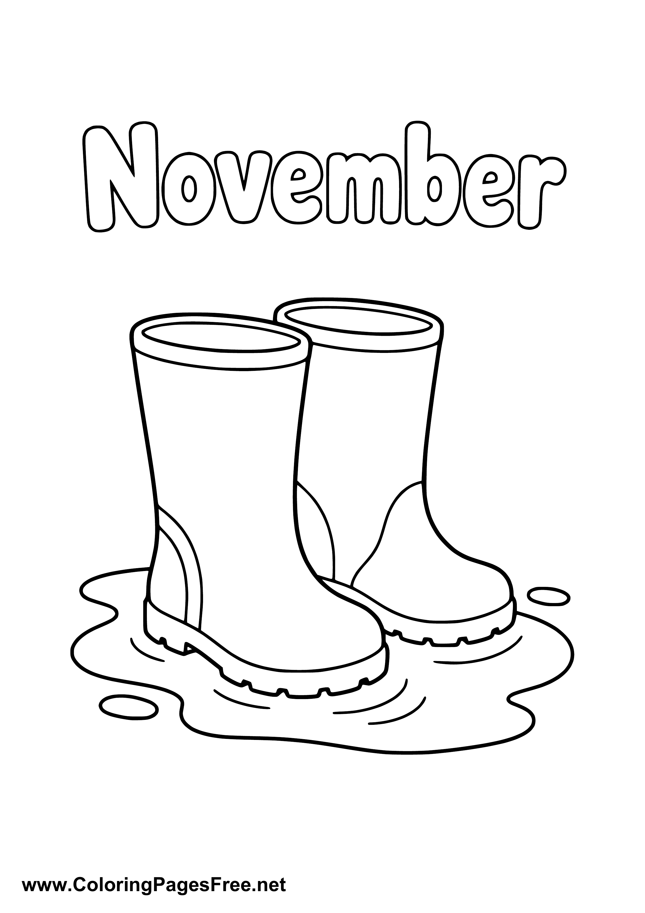 November Coloring Page with Rain Boots in a Large Puddle
