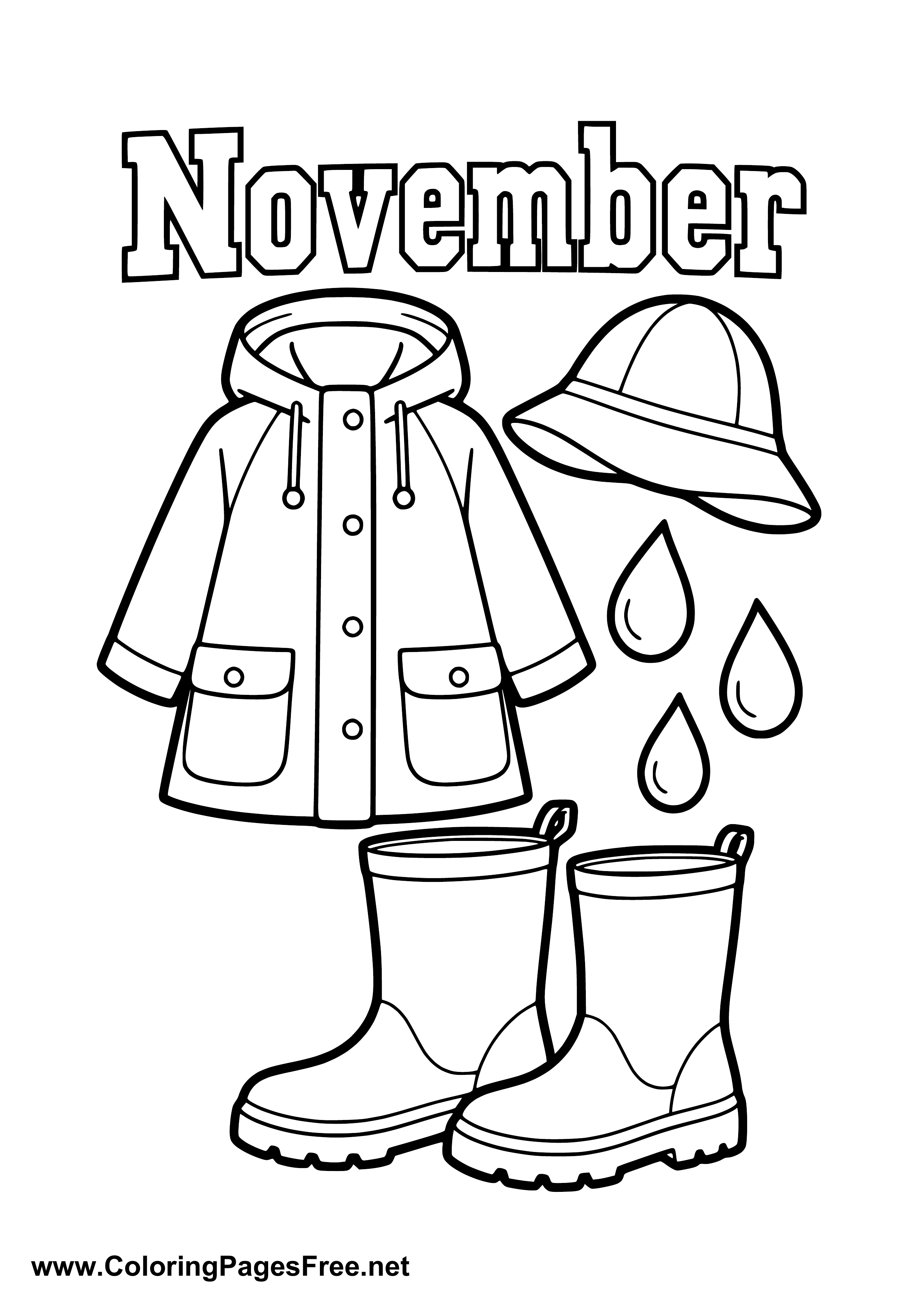 November Coloring Page with Rain Hat Coat and Rain Boots