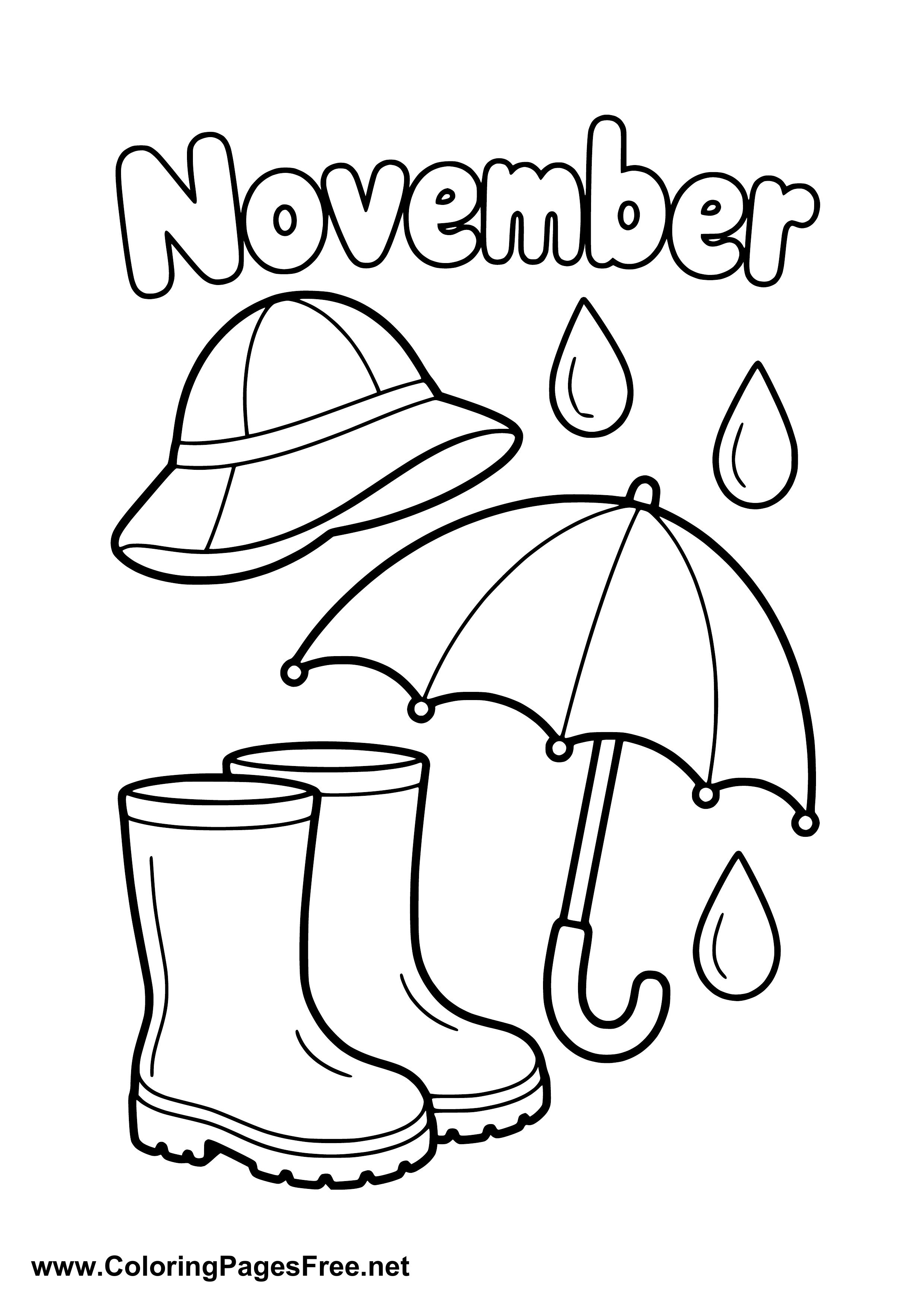 November Coloring Page with Rain Hat Umbrella and Boots