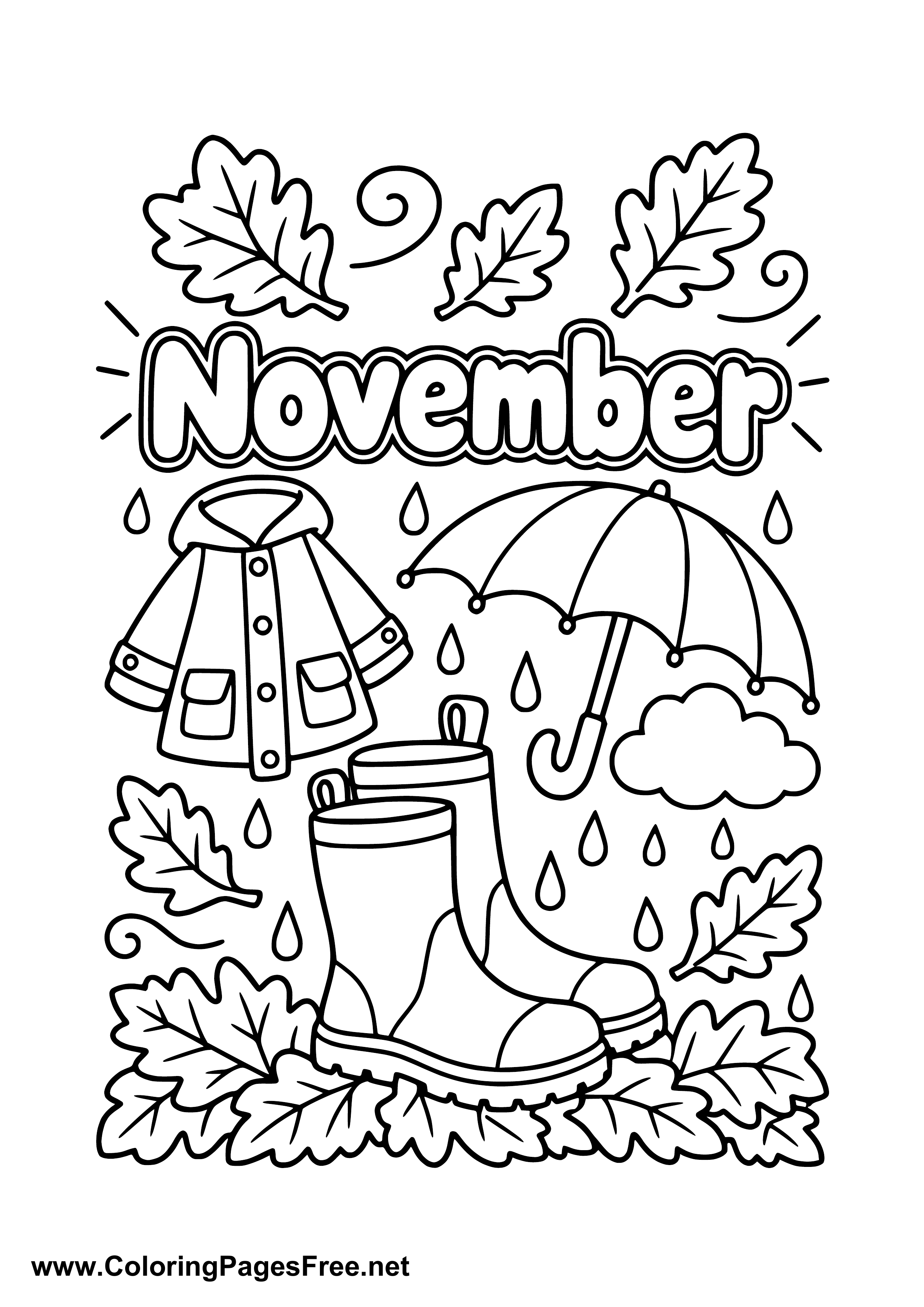 November Coloring Page with Rain Jacket Umbrella and Boots