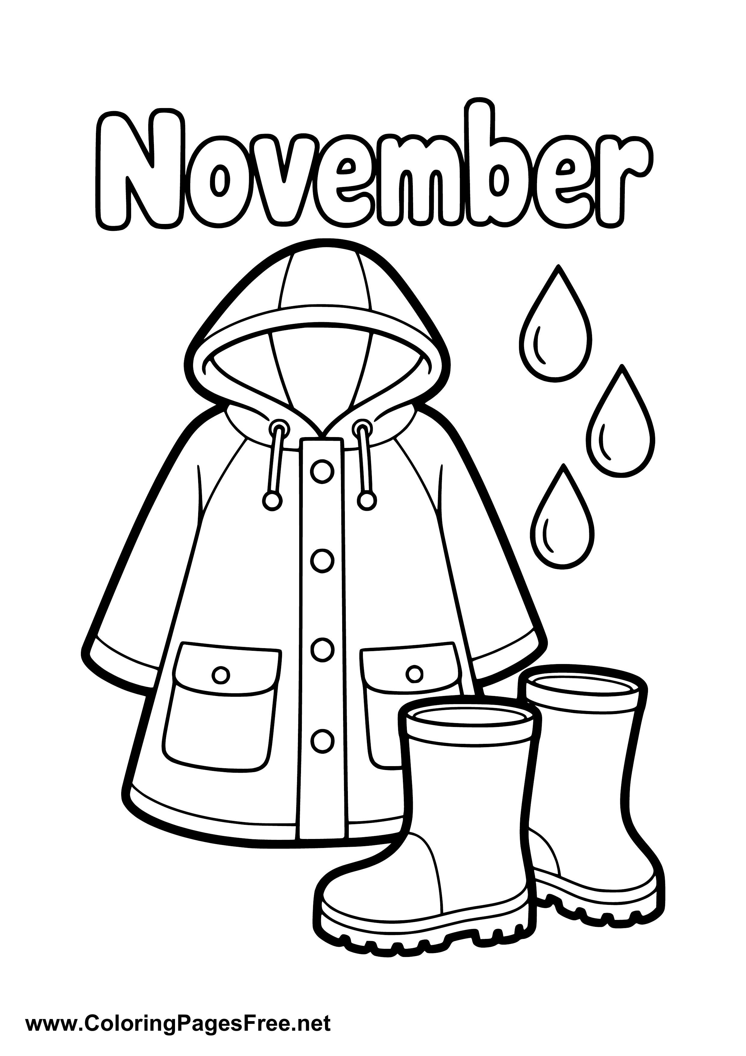 November Coloring Page with Raincoat and Rain Boots
