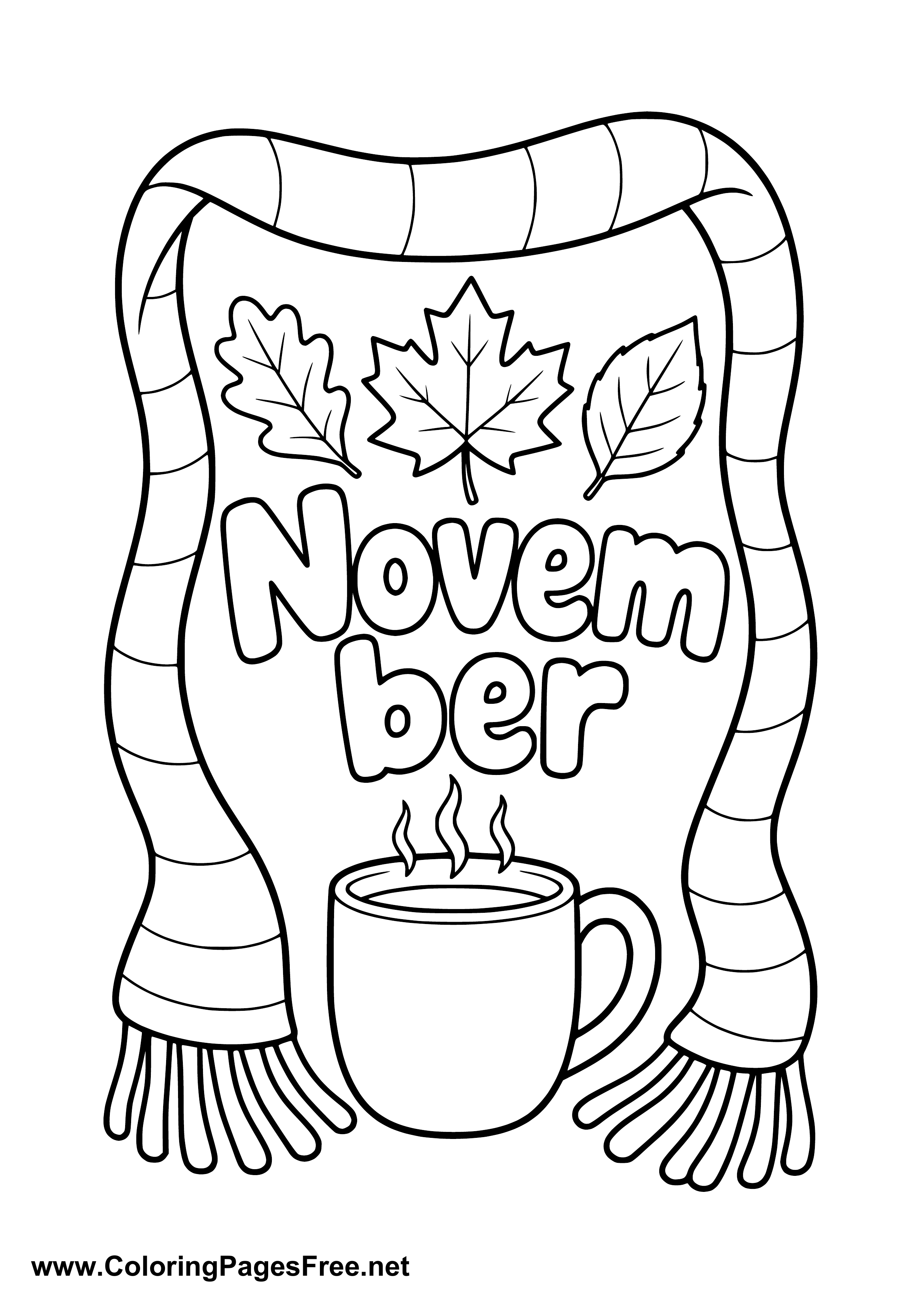 November Coloring Page with Scarf Frame and Hot Tea