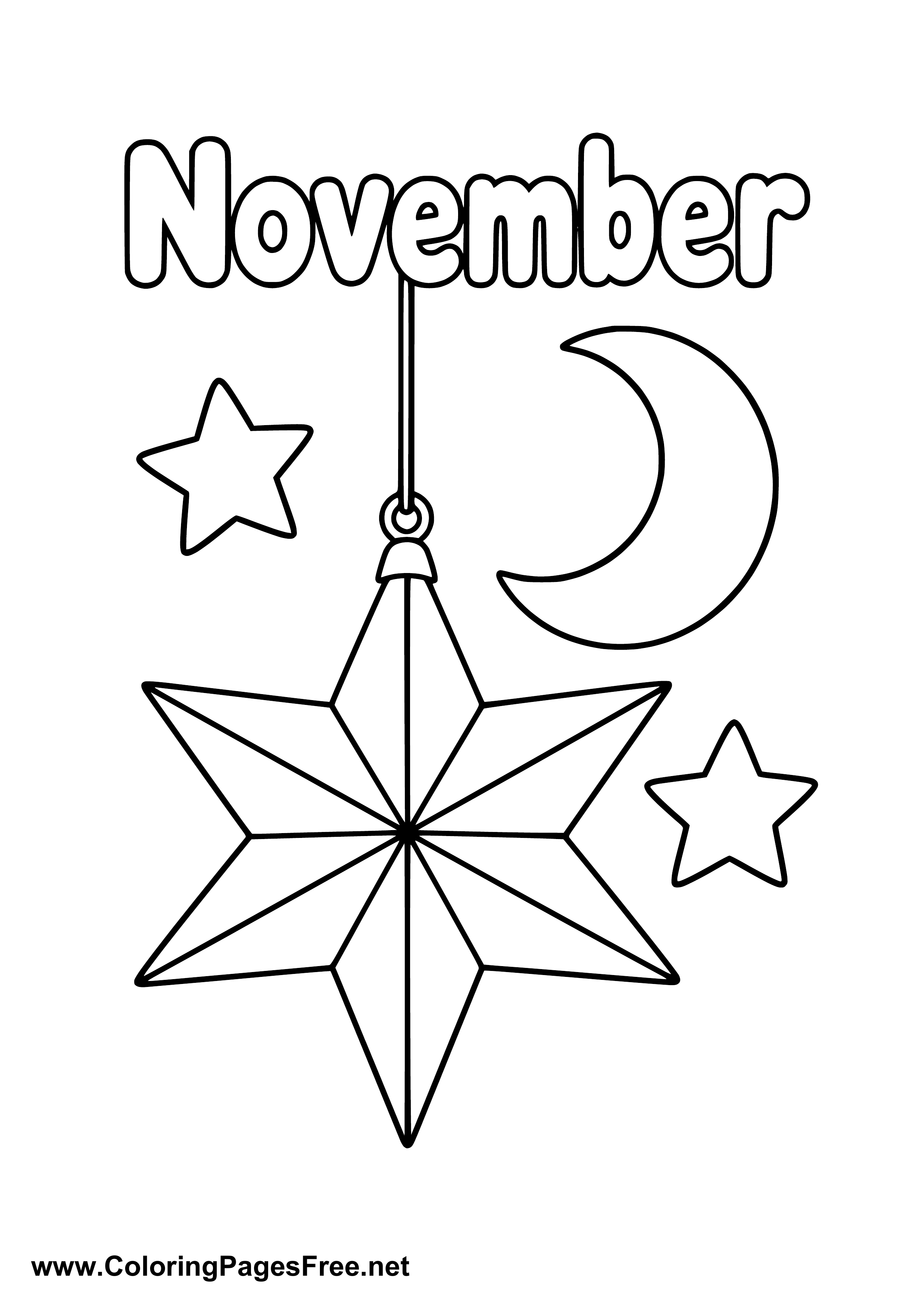 November Coloring Page with Star Lantern Moon and Stars