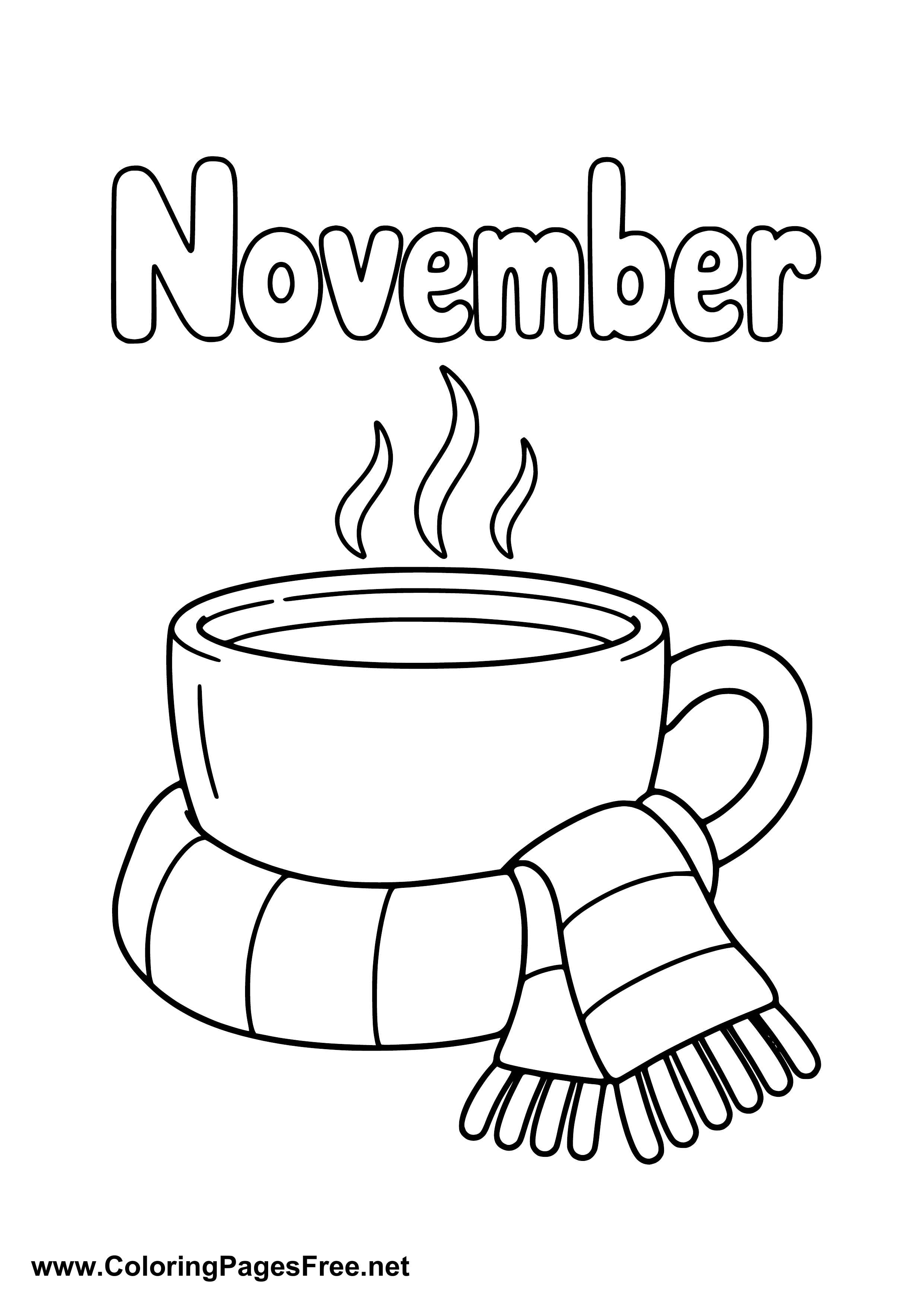 November Coloring Page with Steaming Tea Cup and Scarf
