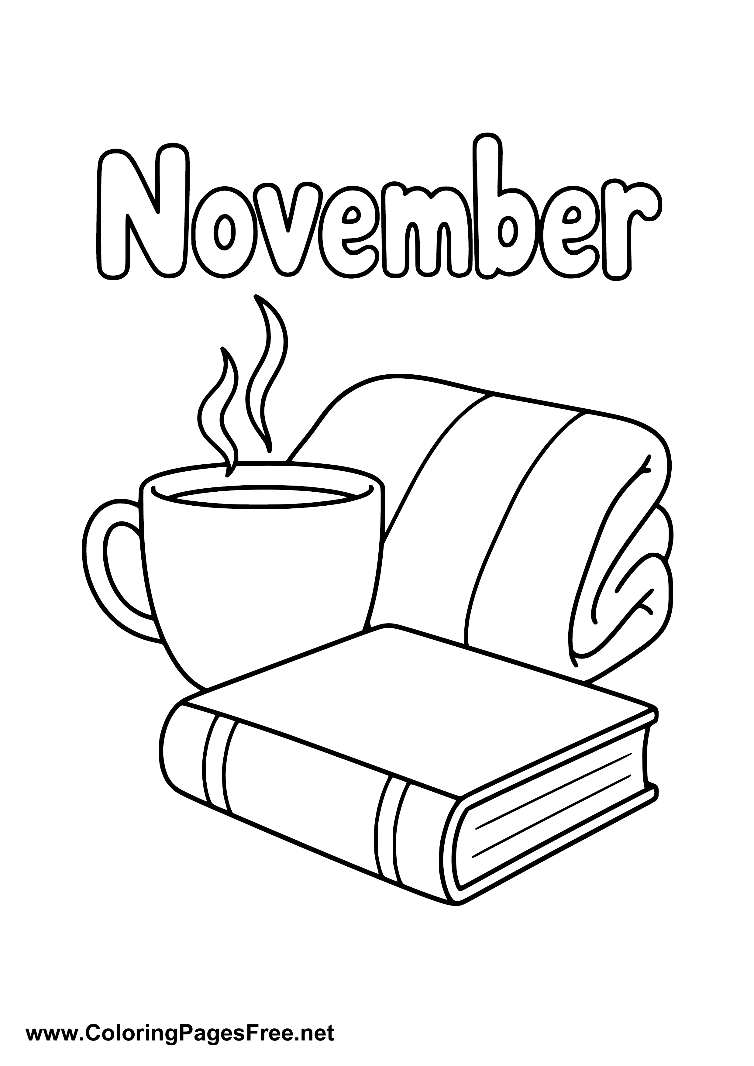 November Coloring Page with Tea Book and Cozy Blanket