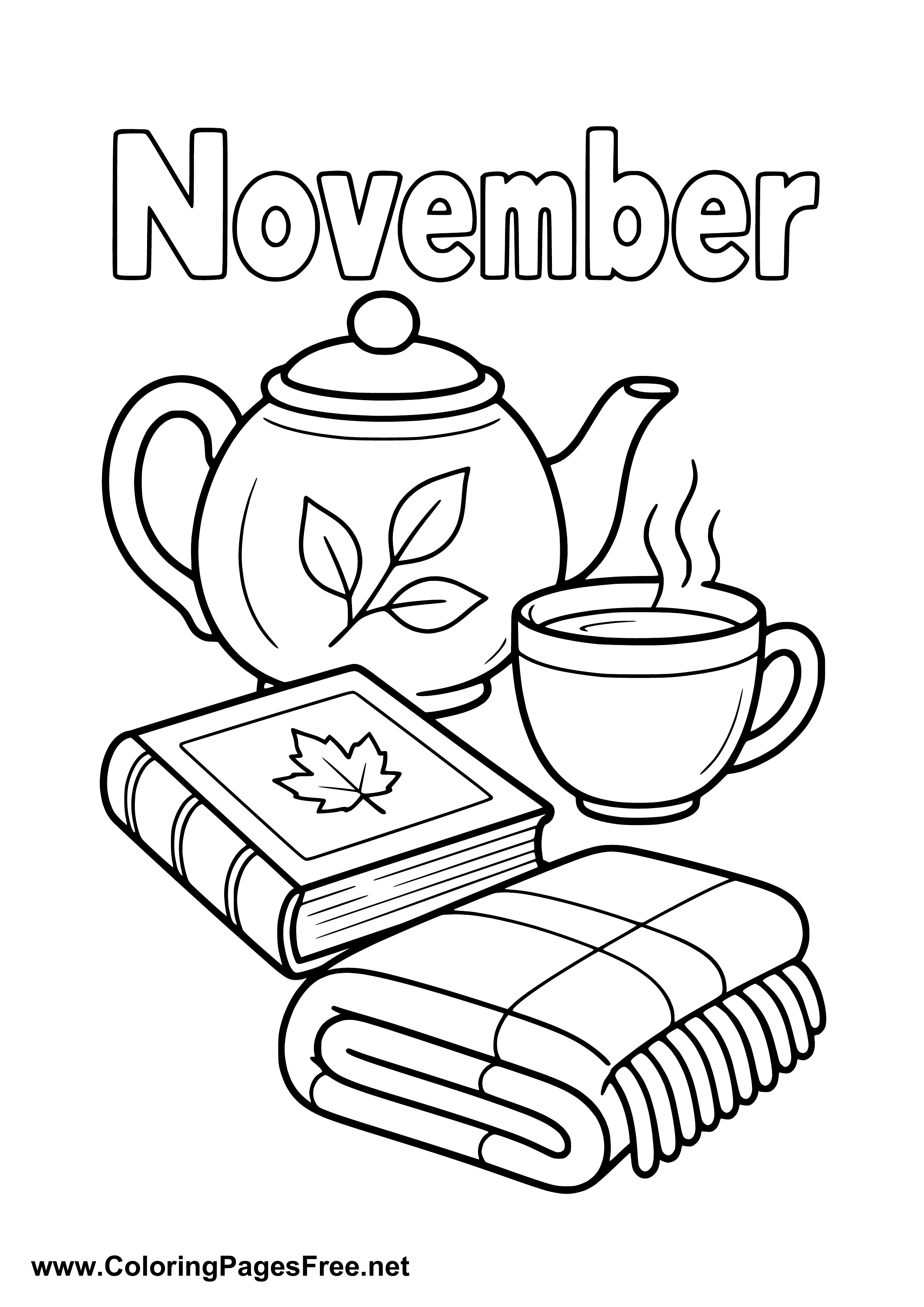 November Coloring Page with Teapot Cup and Book