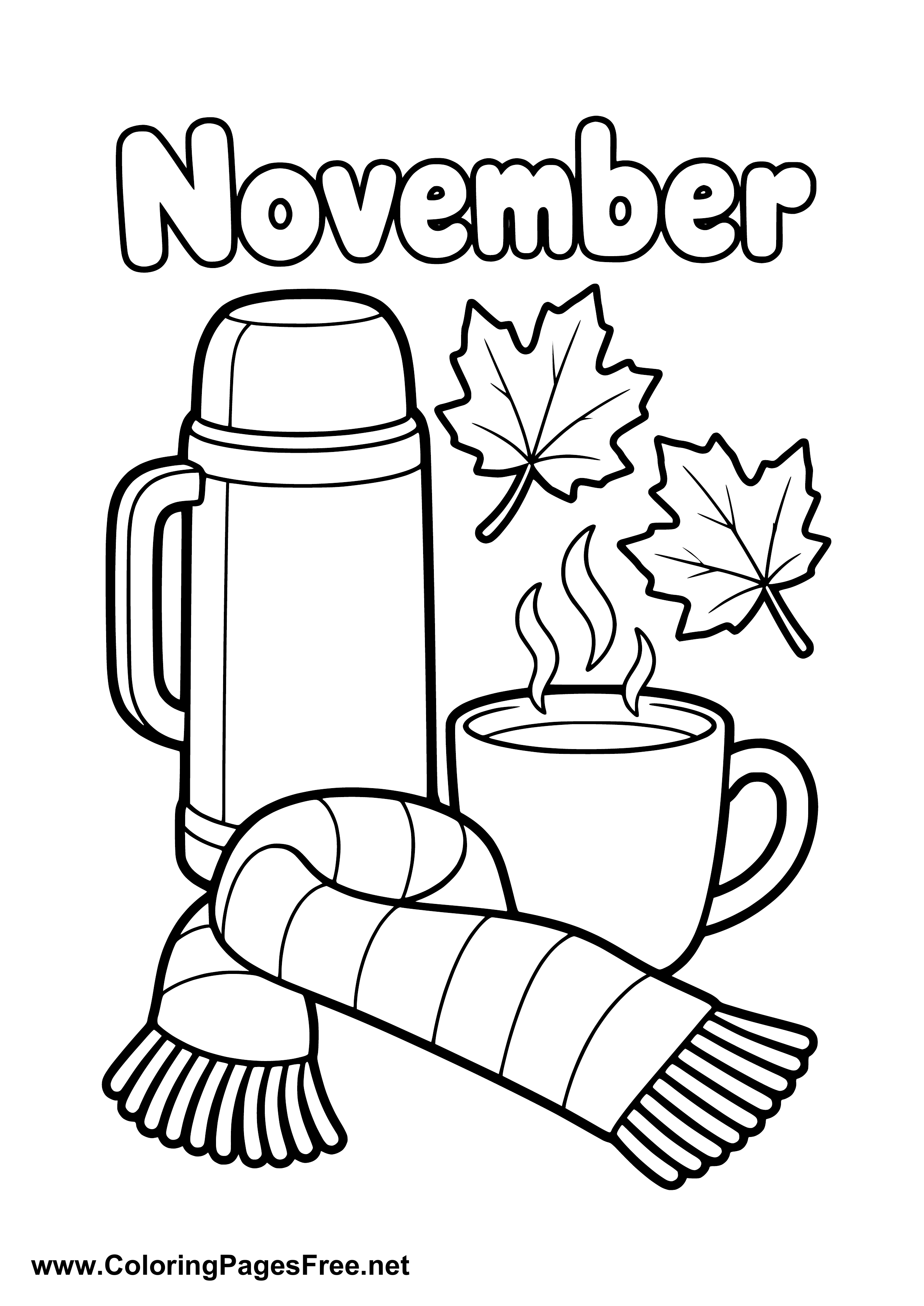 November Coloring Page with Thermos and Hot Autumn Tea