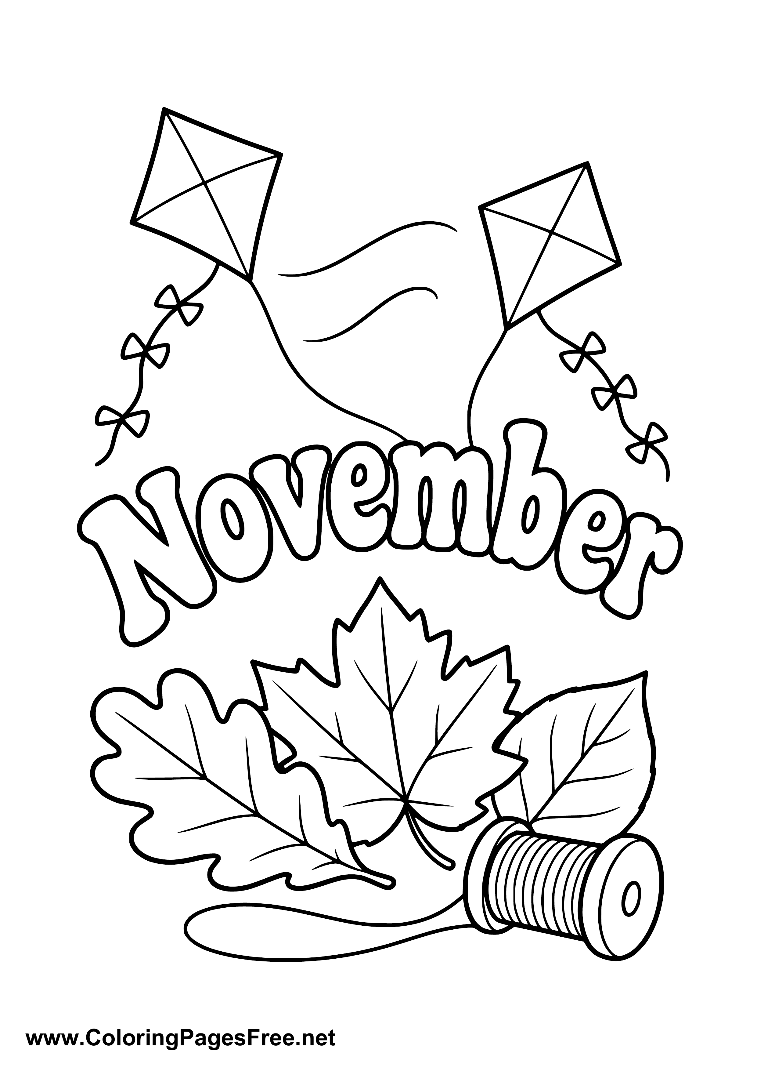 November Coloring Page with Two Kites and Autumn Leaves