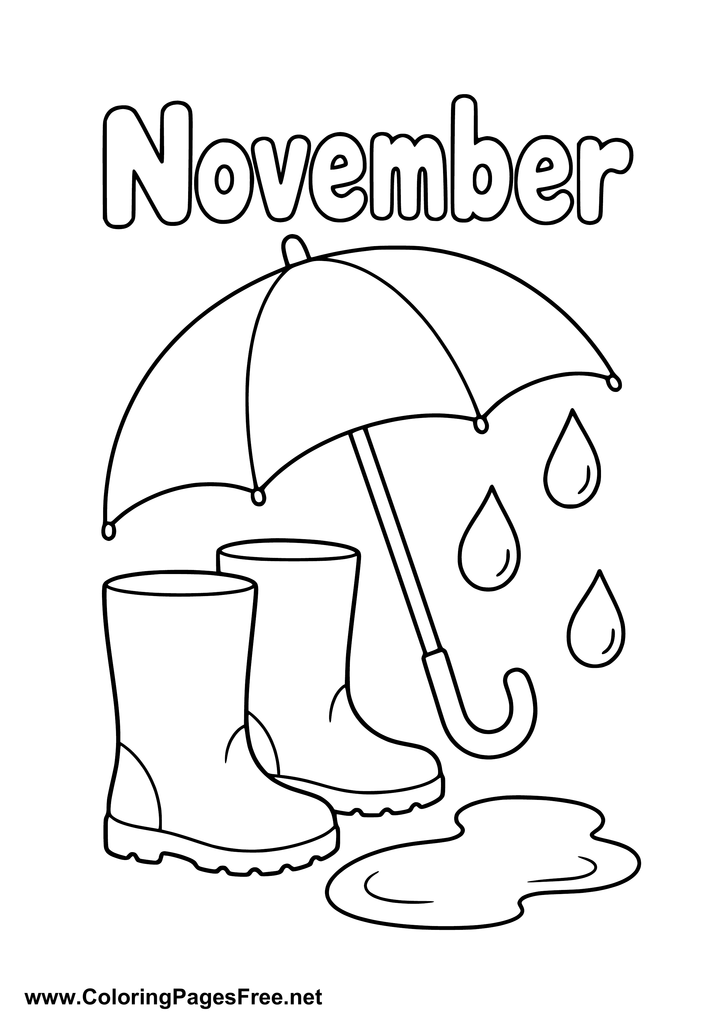 November Coloring Page with Umbrella and Boots in a Puddle