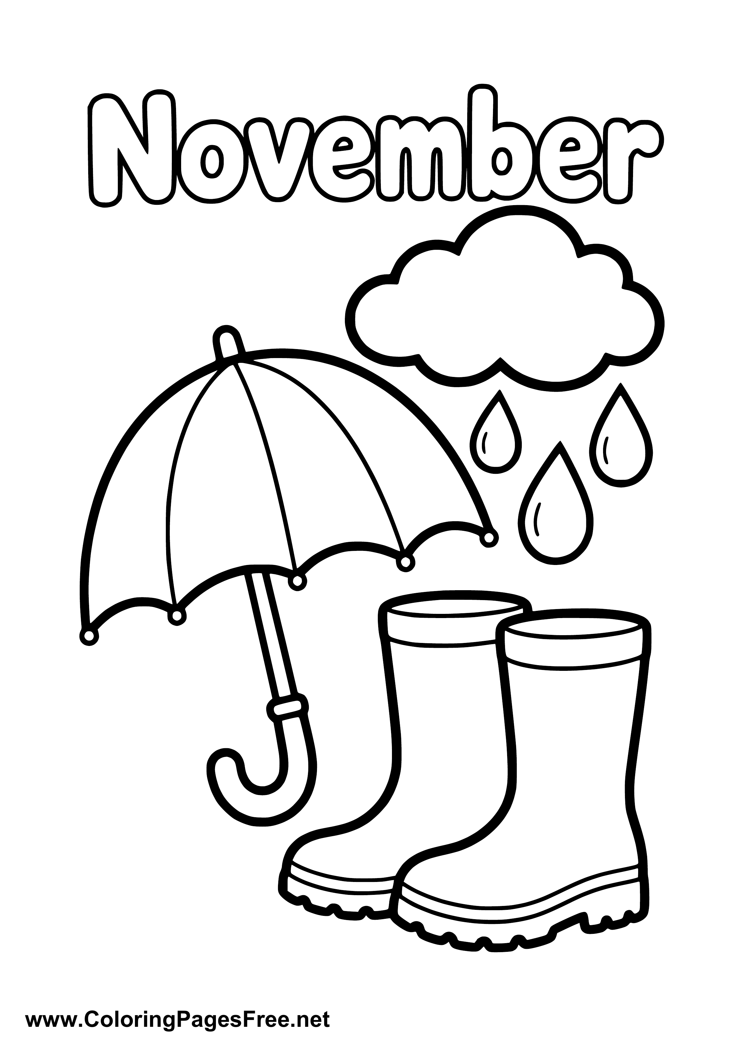 November Coloring Page with Umbrella Rain Boots and Cloud