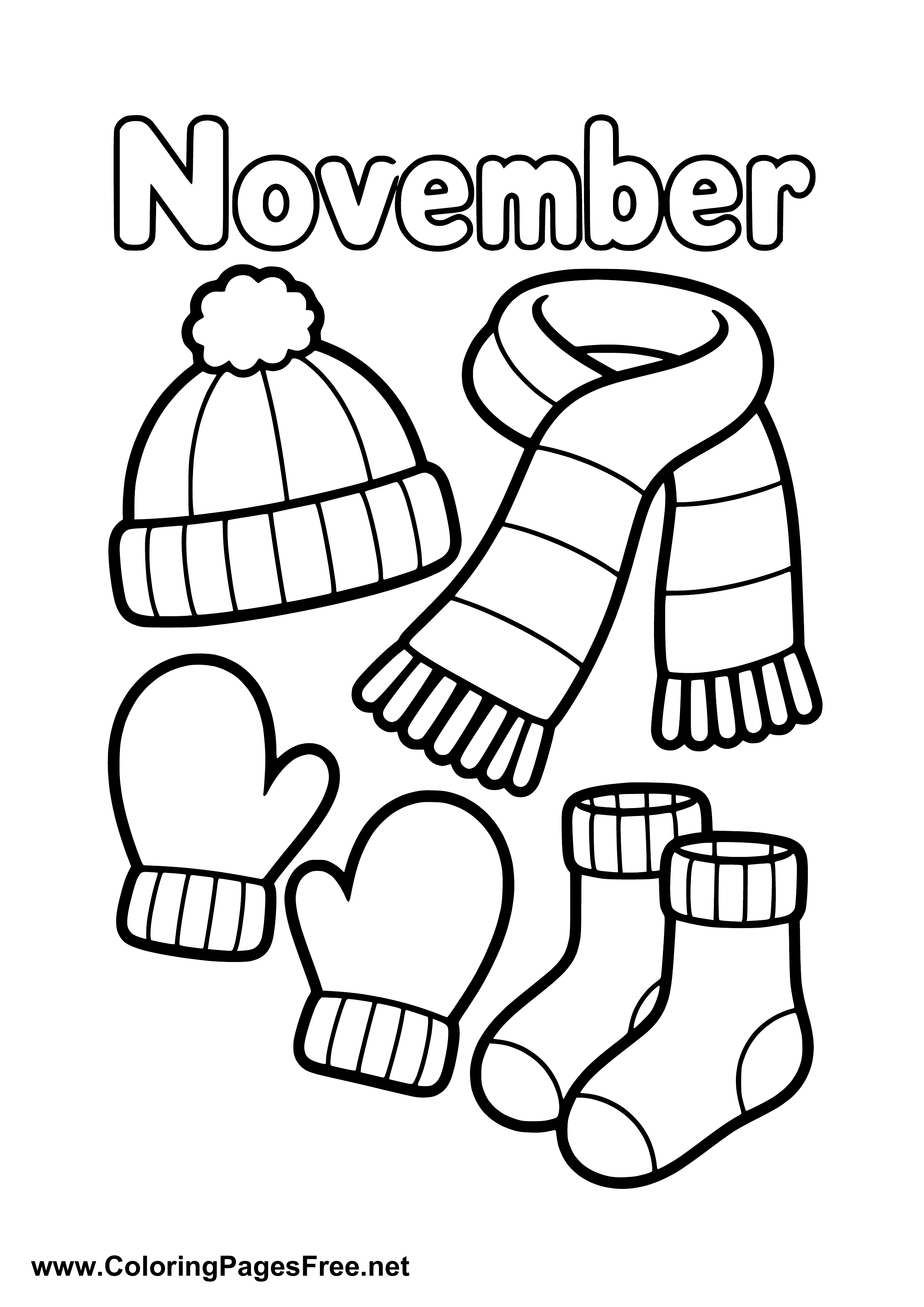 November Coloring Page with Warm Socks and Winter Gloves
