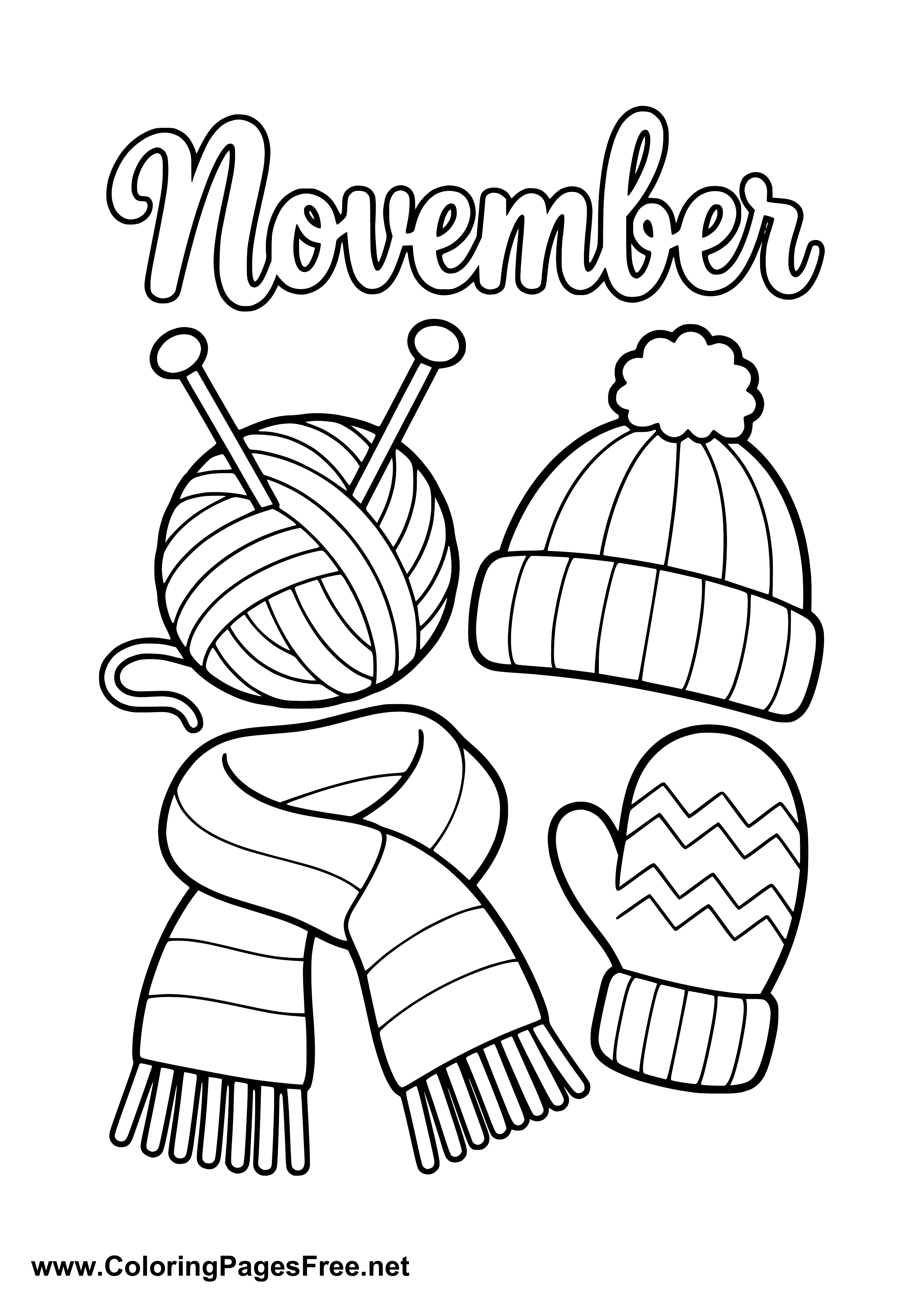 November Coloring Page with Yarn and Warm Winter Accessories