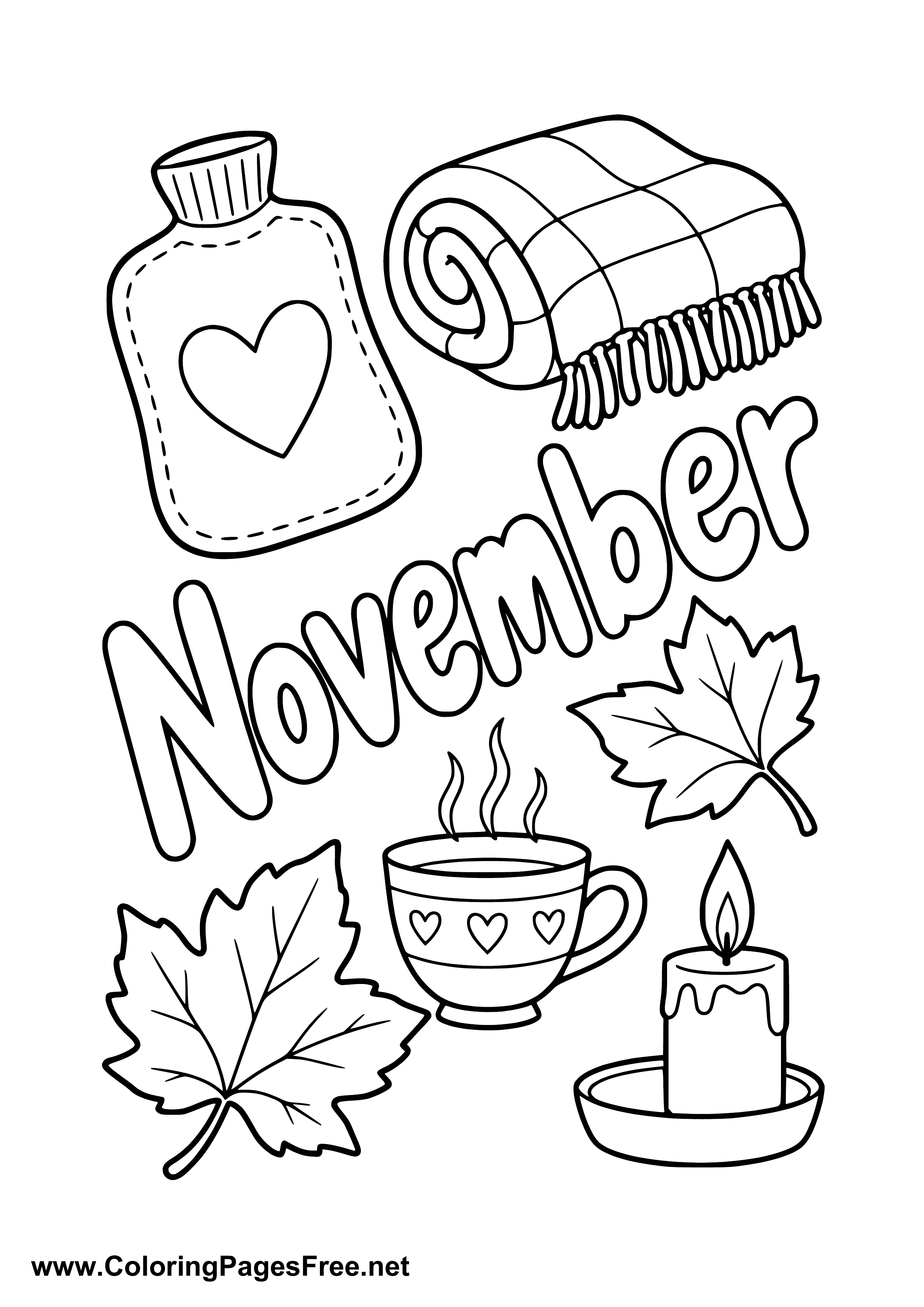November Cozy Autumn Coloring Page with Hot Water Bottle