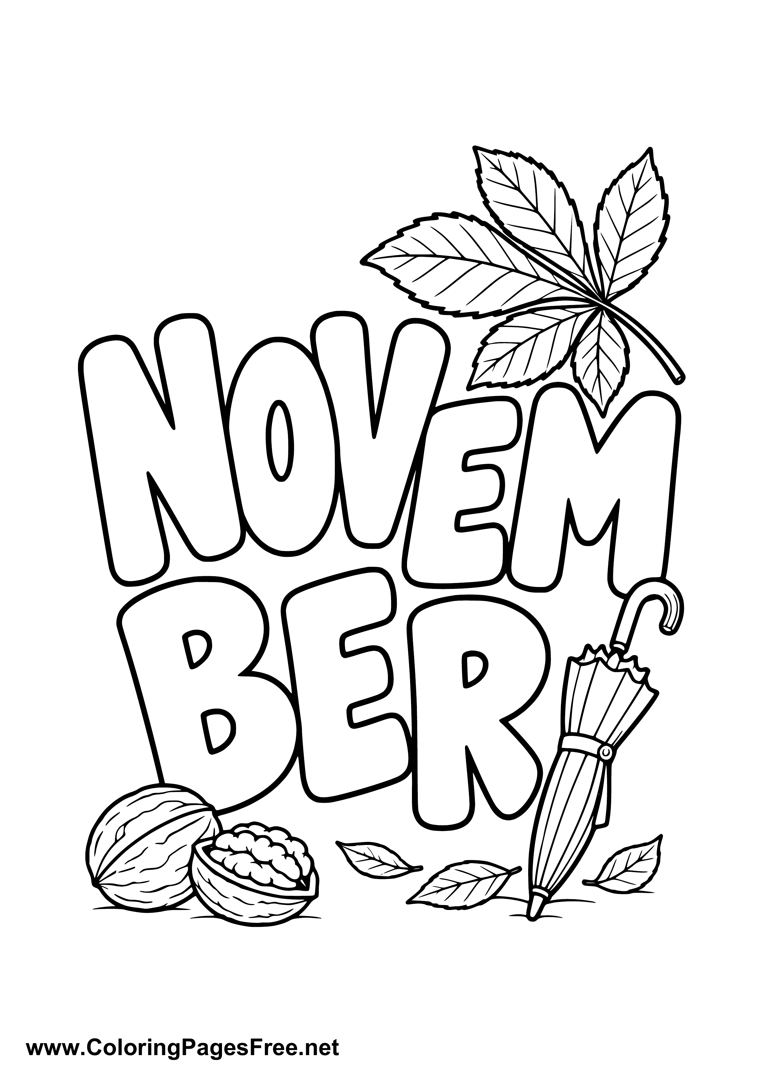 November Lettering Coloring Page with Chestnuts and Umbrella