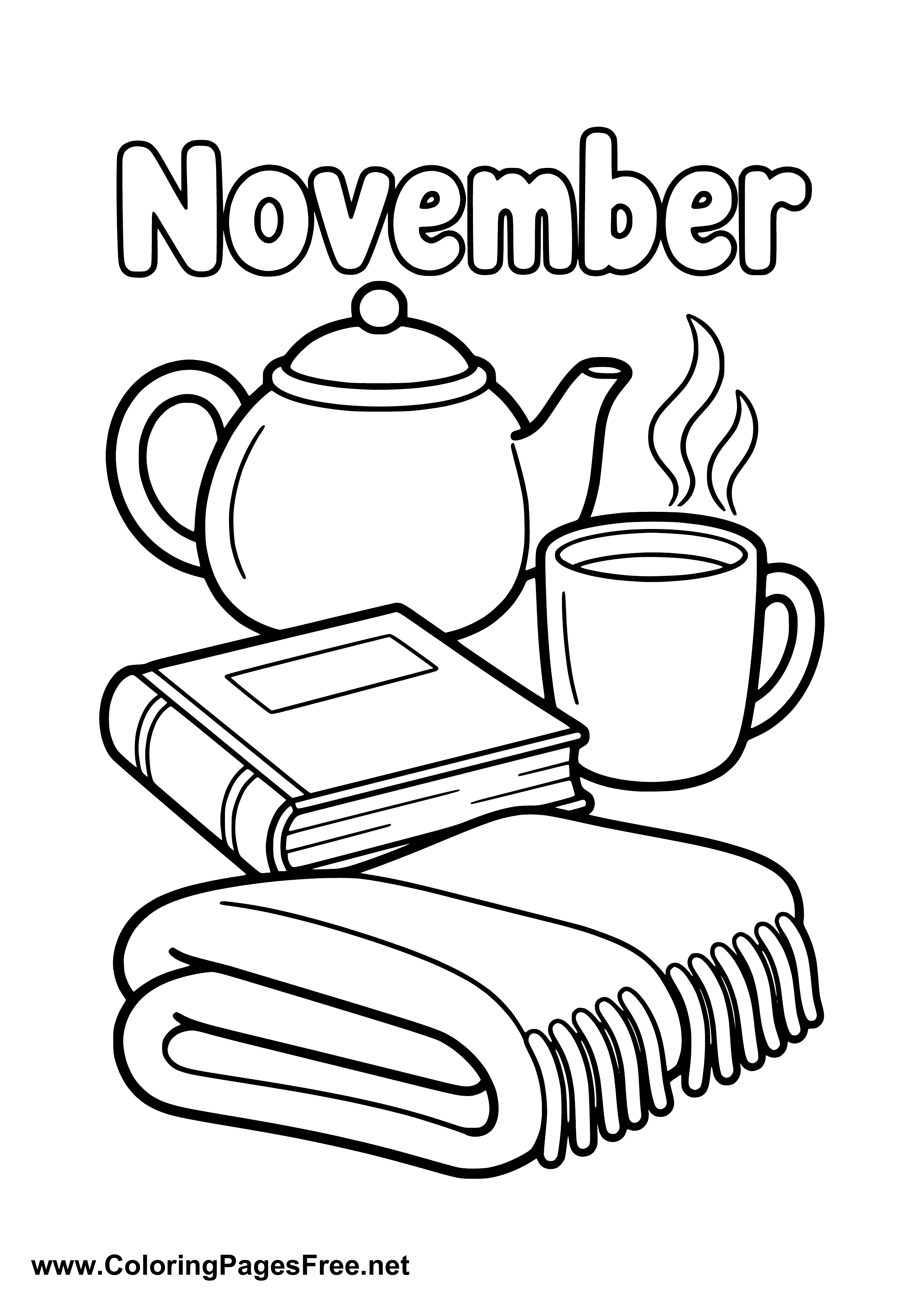 November Reading Time Coloring Page with Tea and Blanket