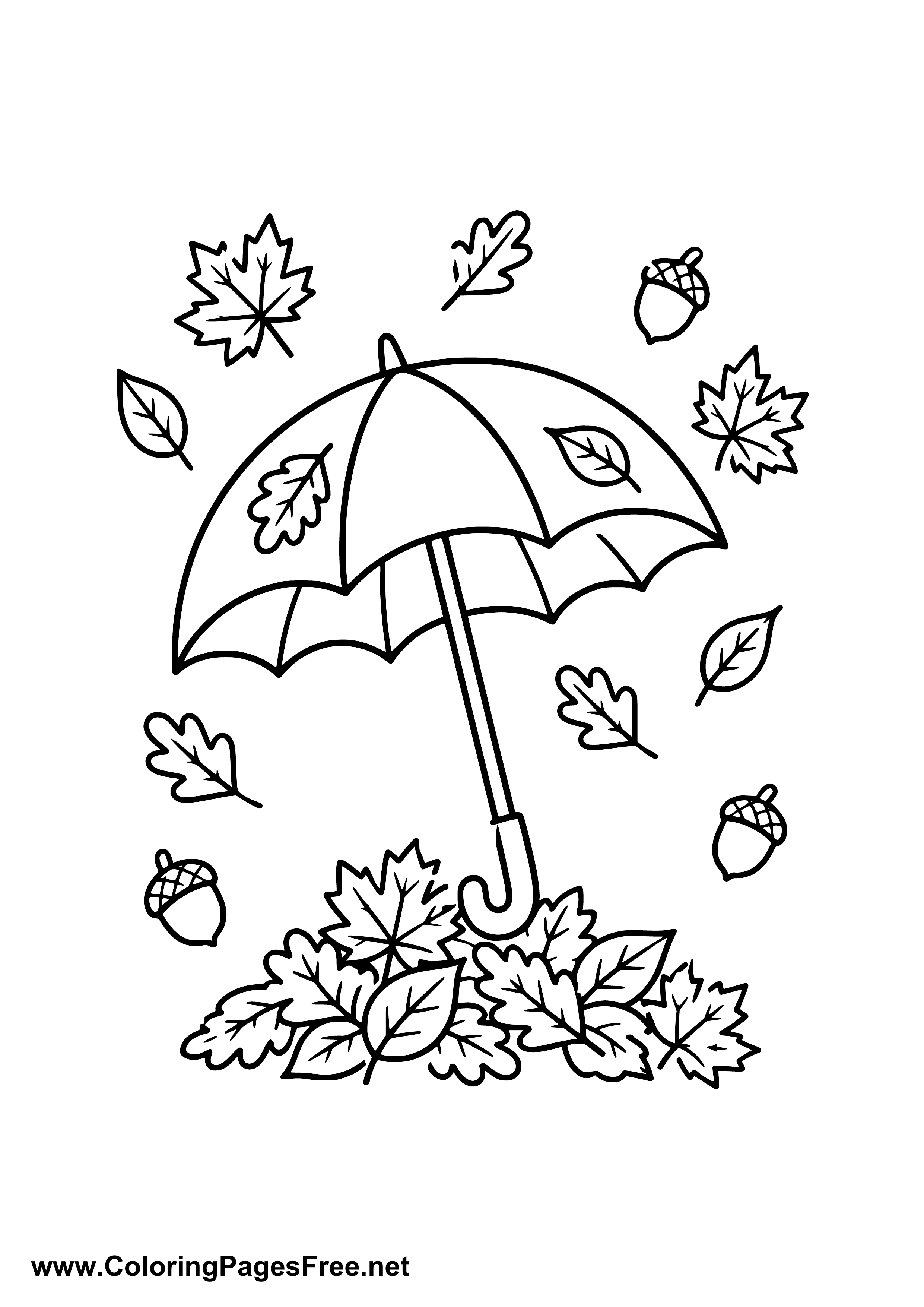 Umbrella with Acorns and Leaves Coloring Page