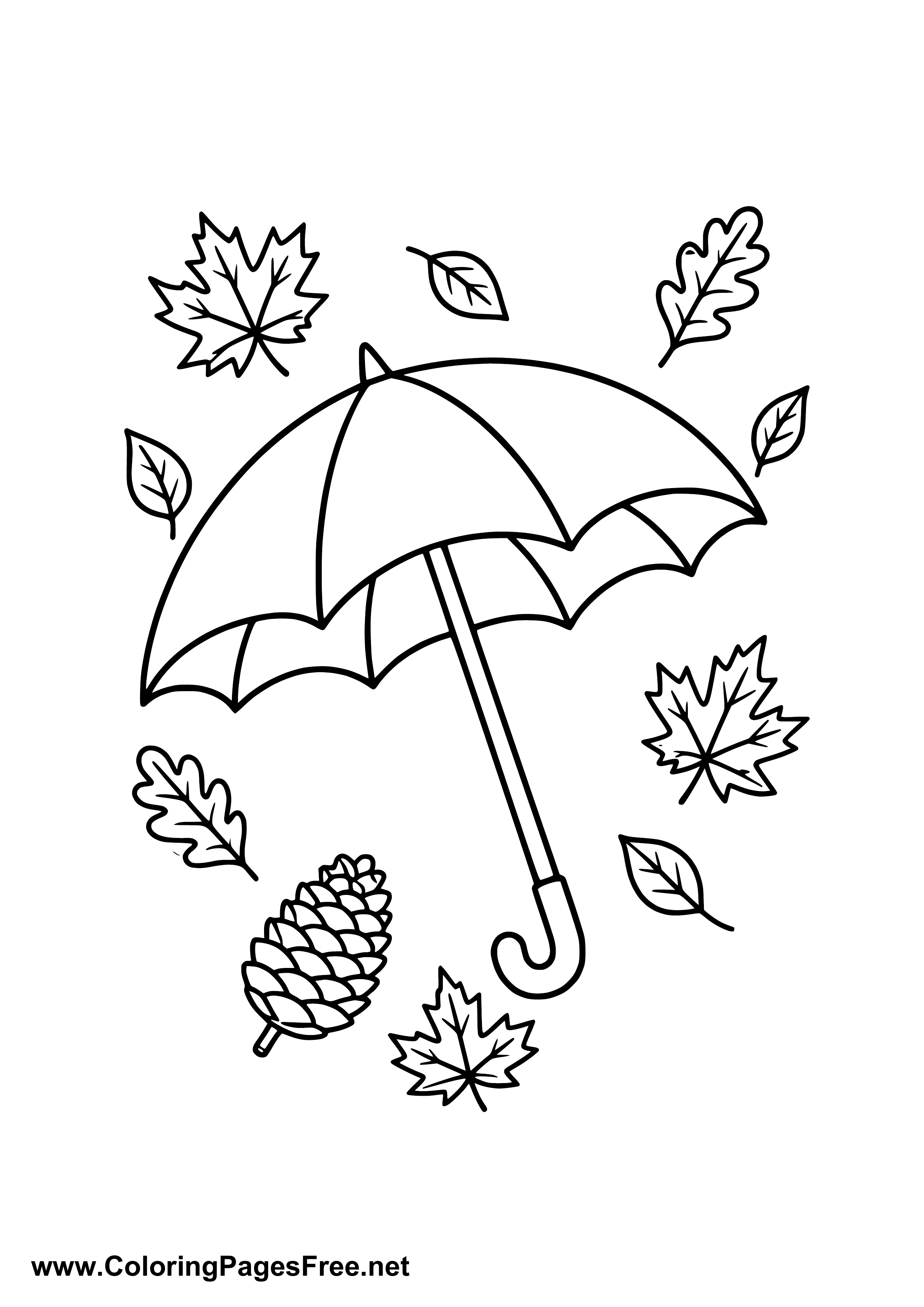 Umbrella with Mushrooms and Autumn Leaves Coloring Page