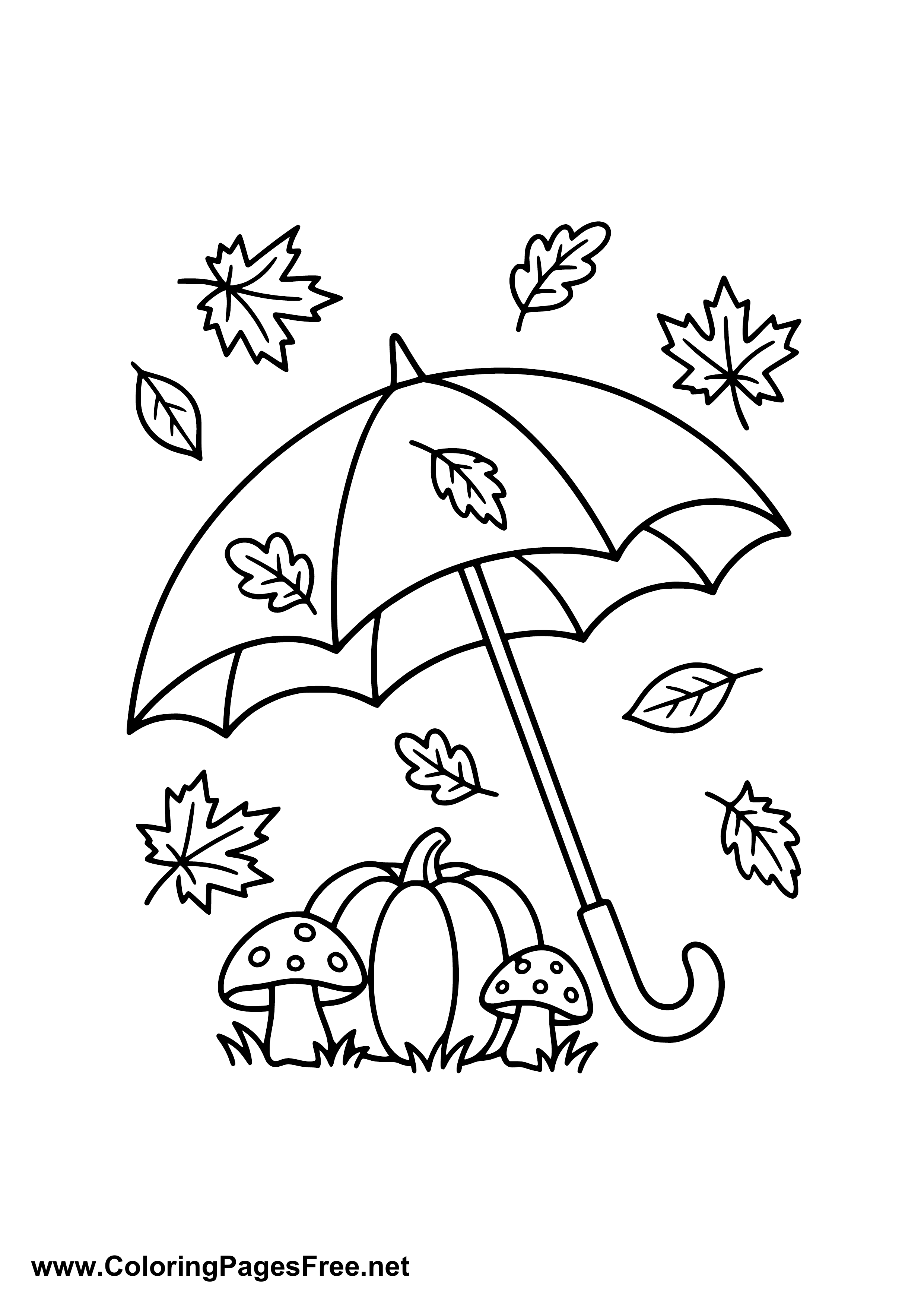 Umbrella with Pumpkin and Leaves Coloring Page
