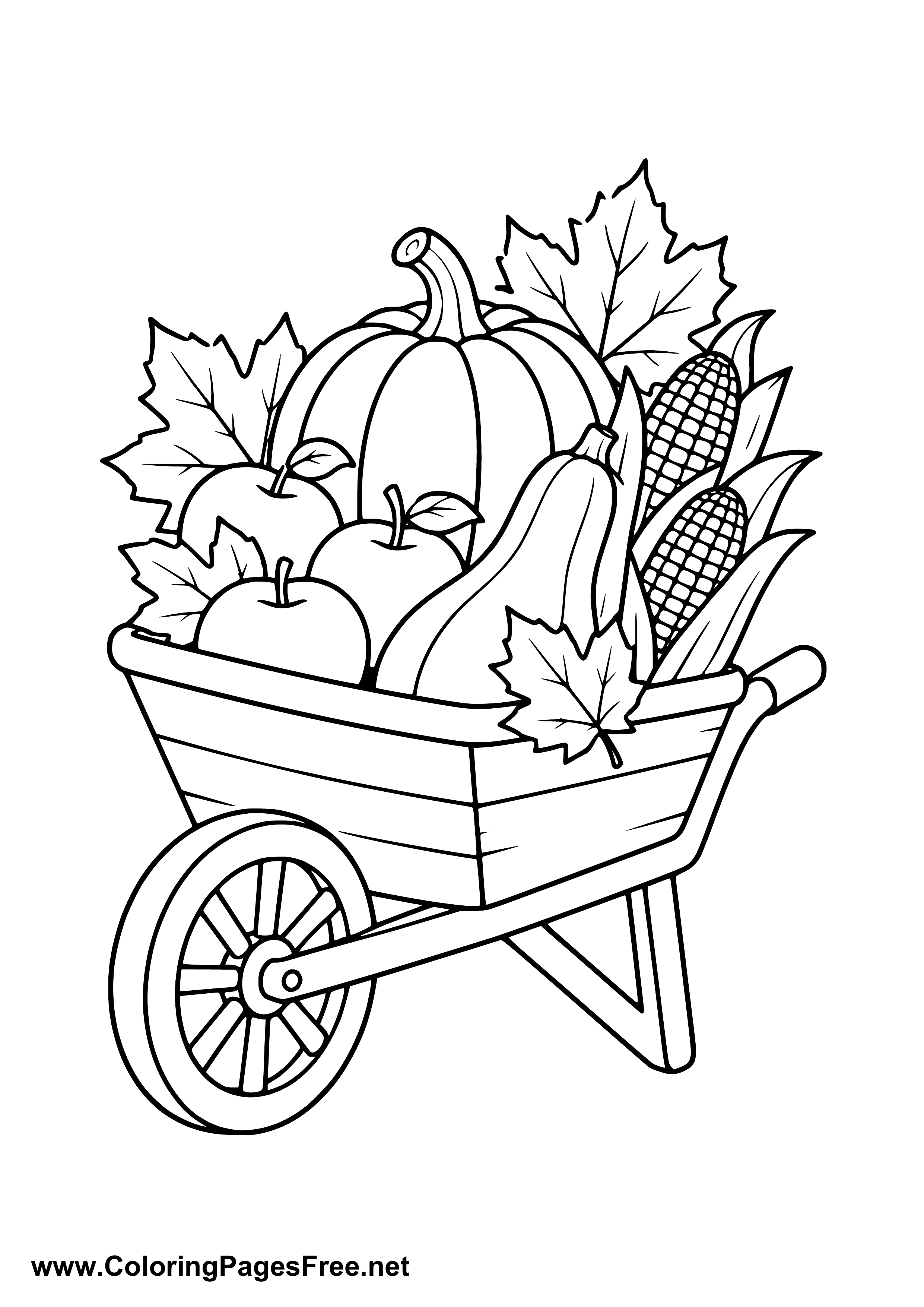 Wheelbarrow with Autumn Harvest Coloring Page