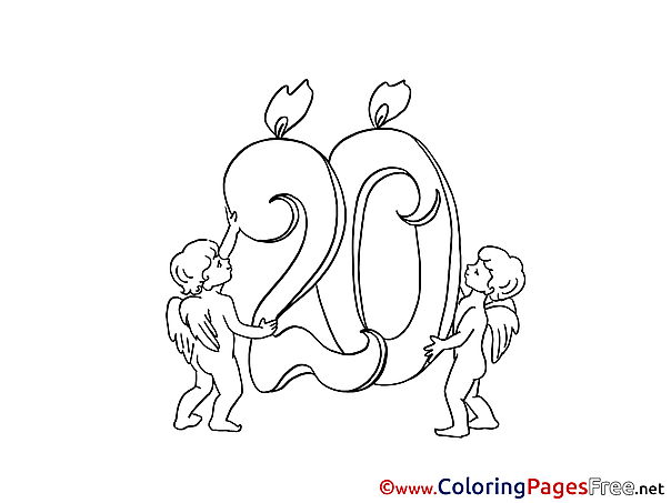 20 Years Angels free Colouring Page Happy Birthday