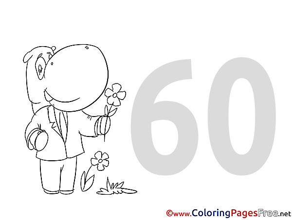 60 Years Hippo for Kids Happy Birthday Colouring Page