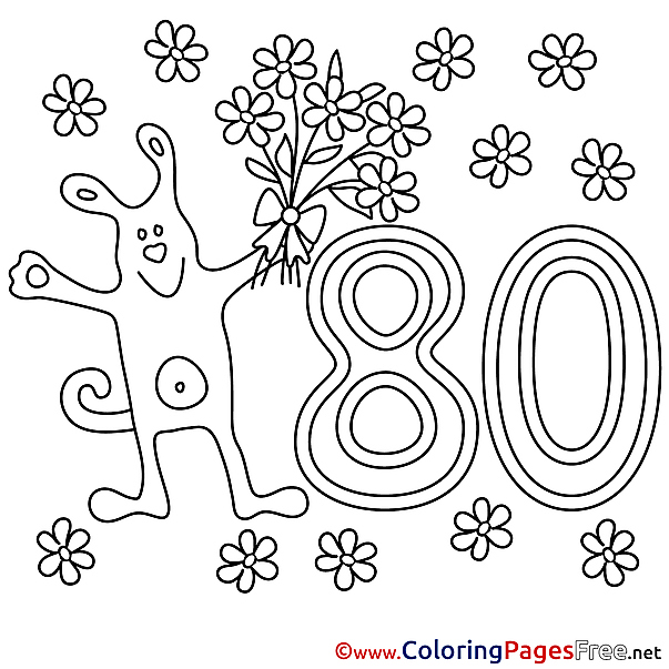 80 Years Dog free Colouring Page Happy Birthday
