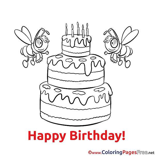 Bees Cake Children Happy Birthday Colouring Page