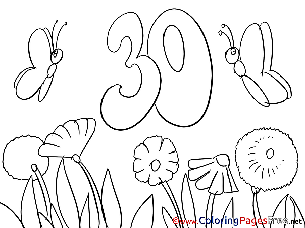 Butterflies 30 Years Colouring Sheet download Happy Birthday