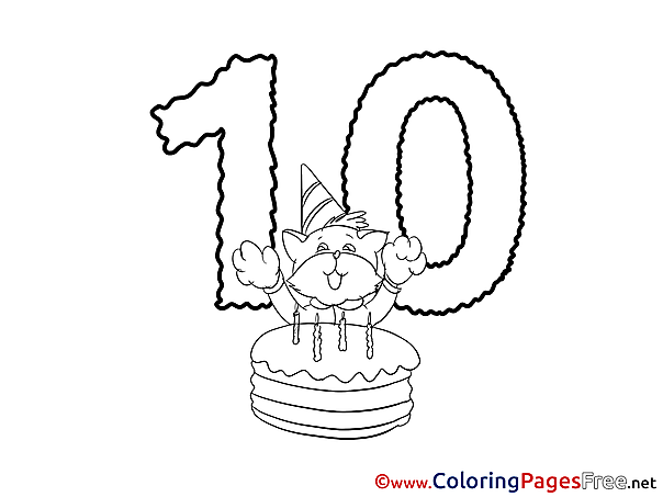 Cat 10 Years Happy Birthday Colouring Sheet free