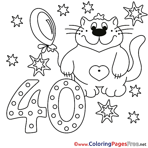 Cat 40 Years for Kids Happy Birthday Colouring Page