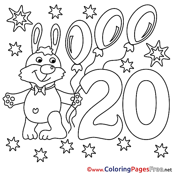 Rabbit 20 Years Colouring Sheet download Happy Birthday