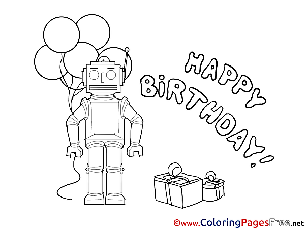 Robot Children Happy Birthday Colouring Page