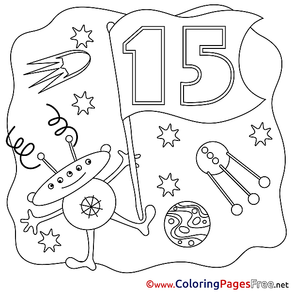 Space 15 Years Kids Happy Birthday Coloring Page