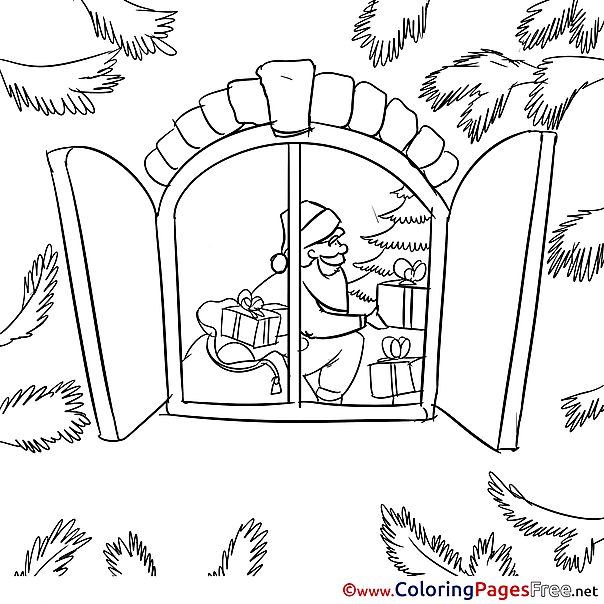 Window Santa Claus Children Christmas Colouring Page