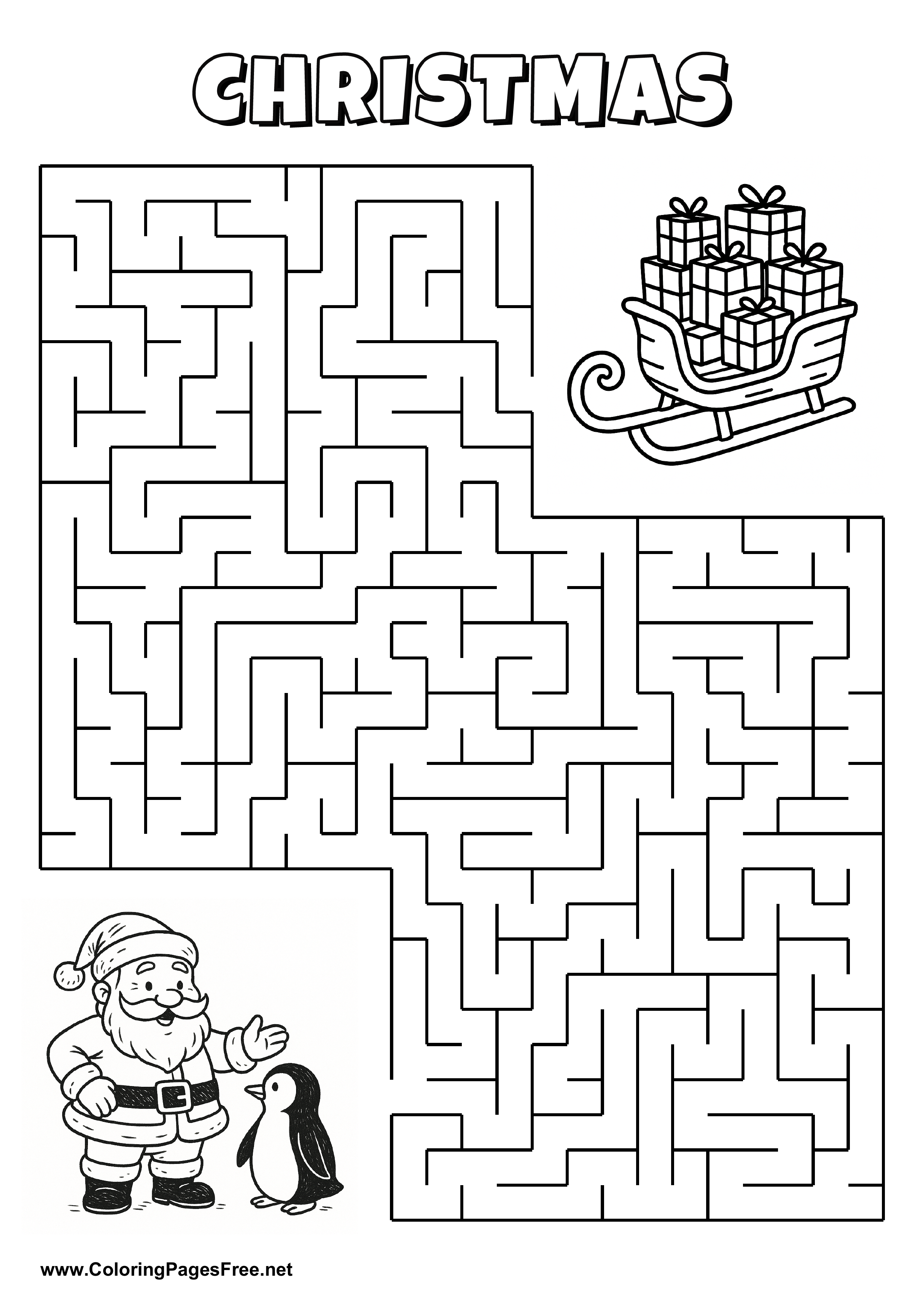 Printable Maze 'Santa Claus and the penguin are looking for the way to their sleigh'