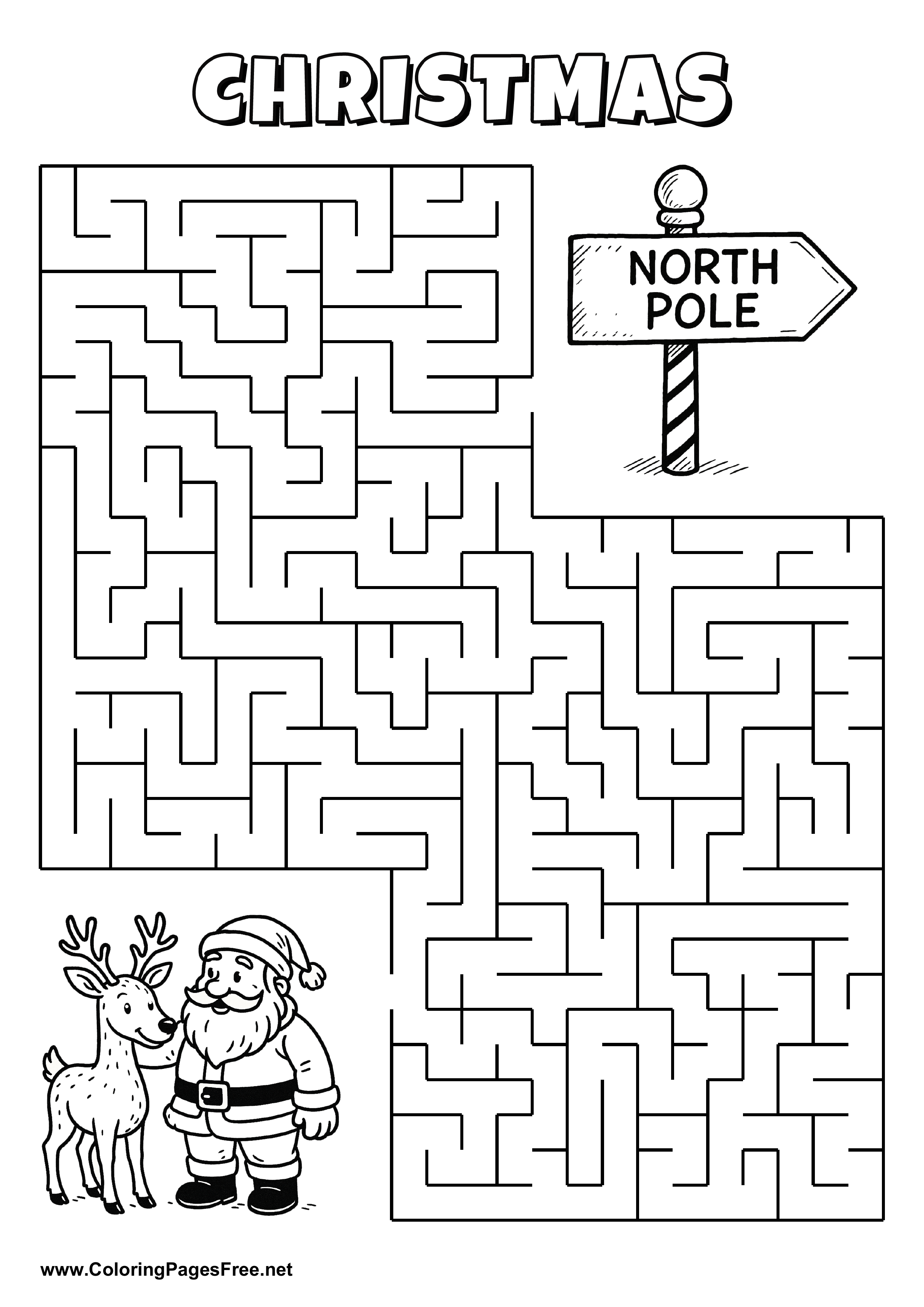 Printable Maze 'Santa Claus and the reindeer are looking for the way to the North Pole sign'