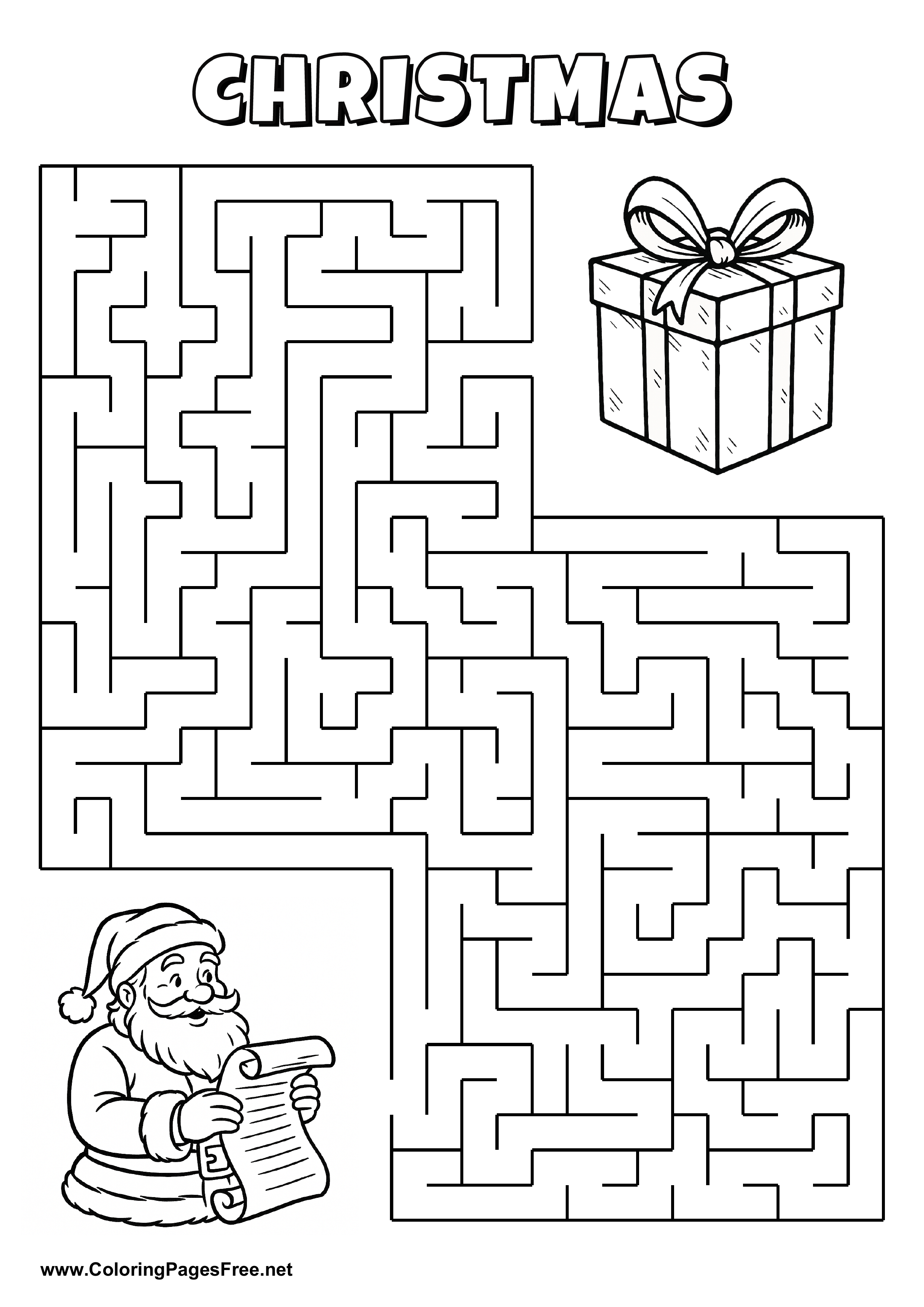 Printable Maze 'Santa Claus is looking for the way to the big gift box'