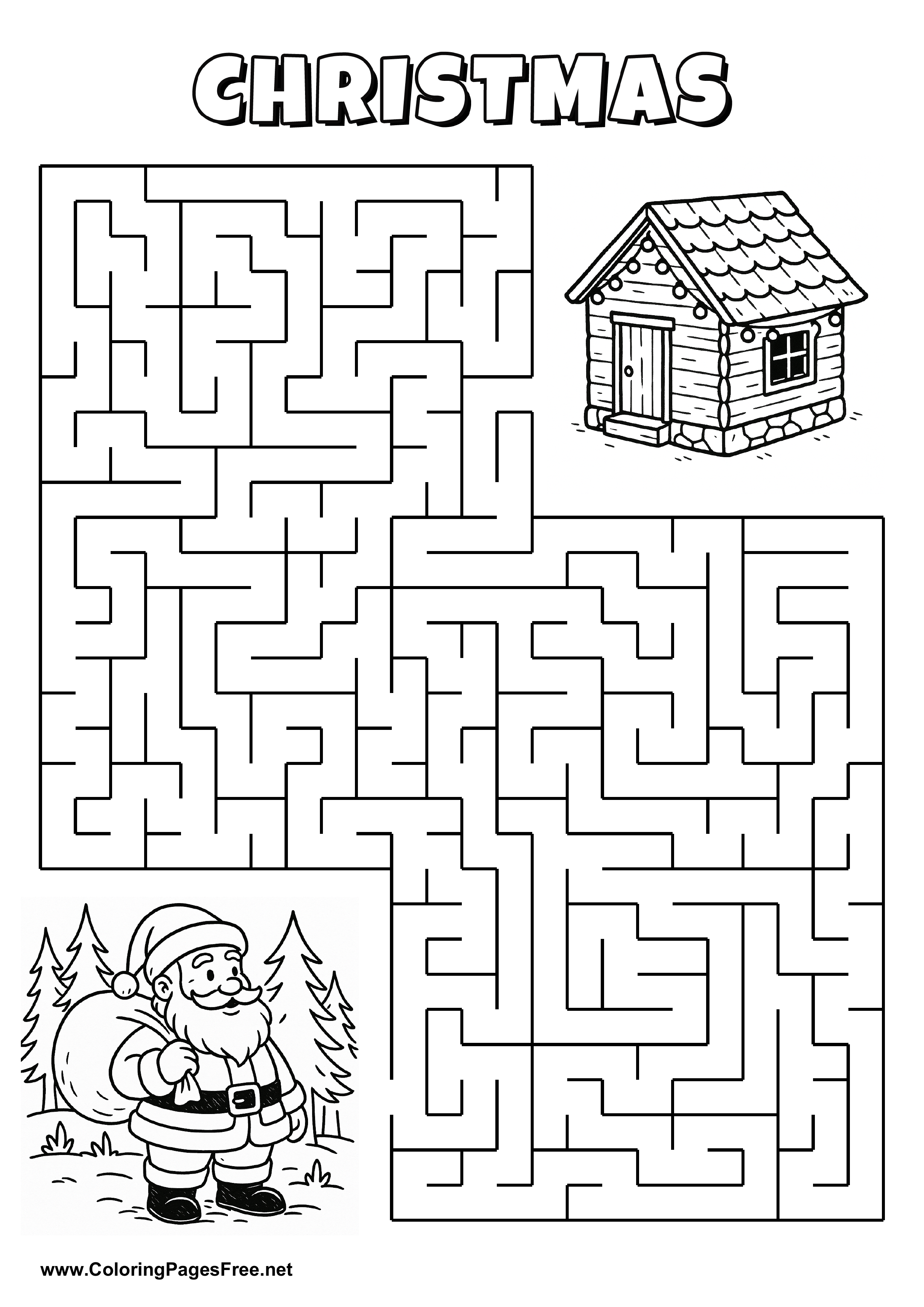 Printable Maze 'Santa Claus is looking for the way to the cabin in the forest'
