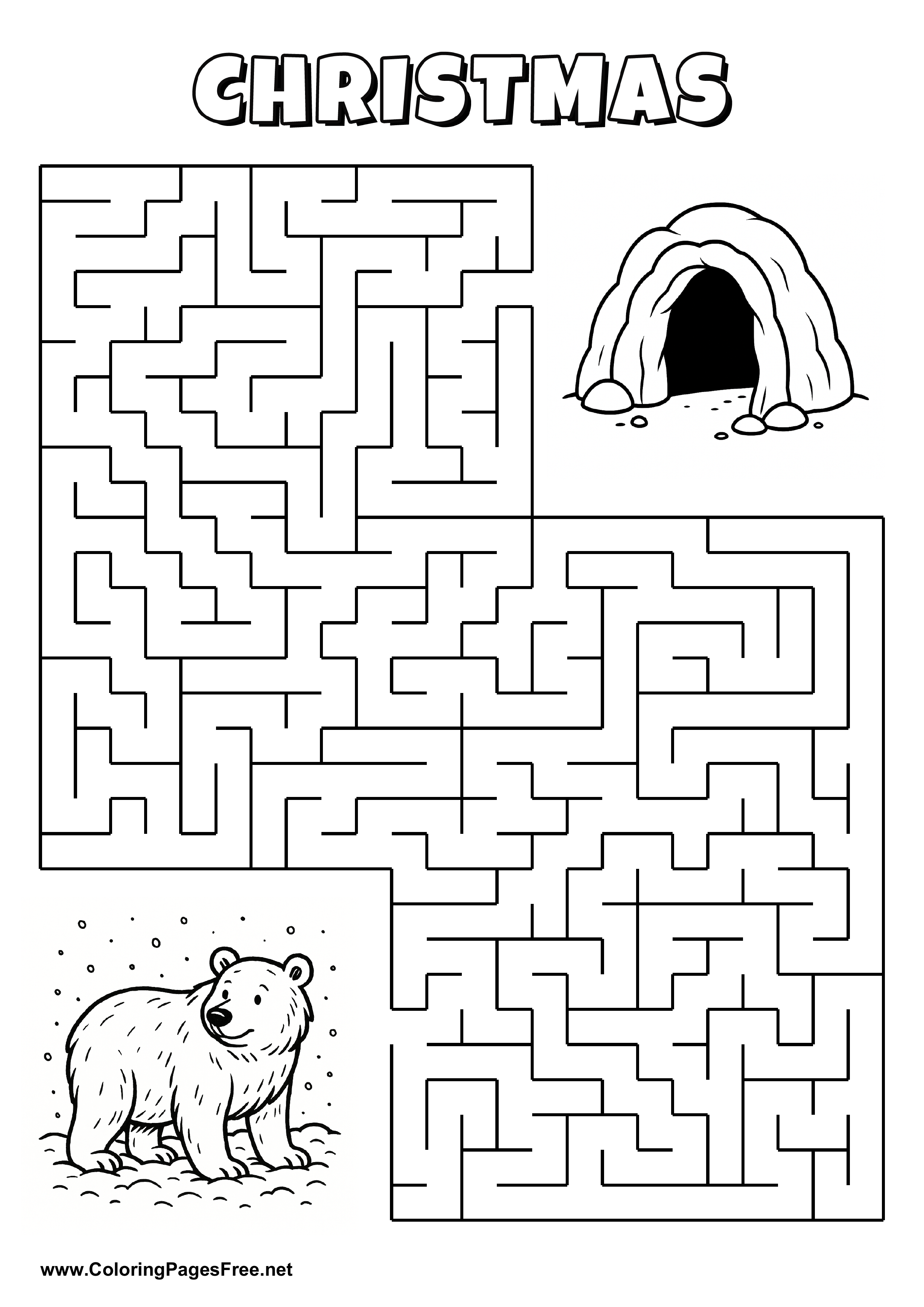 Printable Maze 'The bear in the snow is looking for the way to the cave'